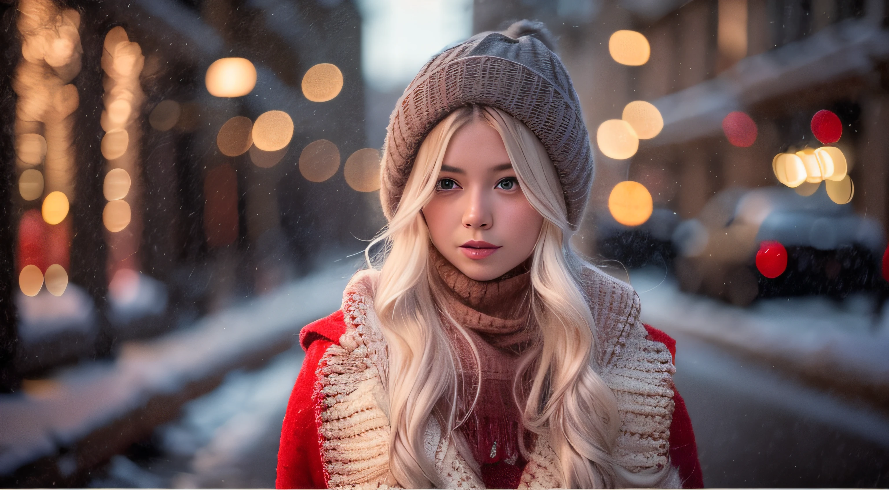 backlighting professional portrait photograph of a gorgeous Norwegian girl in winter clothing with long wavy white hair, sultry flirty look, (freckles:0.5), gorgeous symmetrical face, cute natural makeup, wearing elegant red winter fashion clothing, standing outside in snowy city street