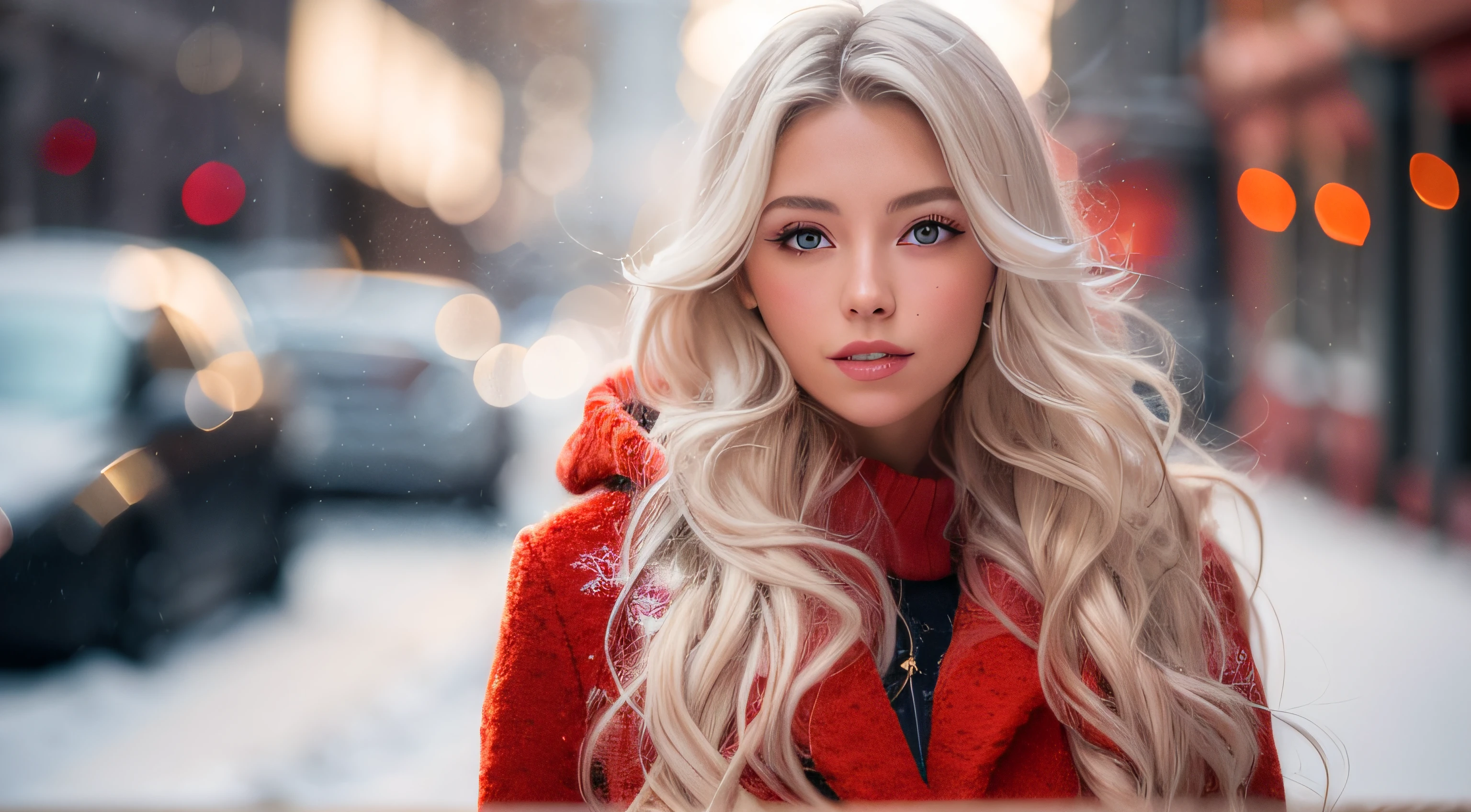 backlighting professional portrait photograph of a gorgeous Norwegian girl in winter clothing with long wavy white hair, sultry flirty look, (freckles:0.5), gorgeous symmetrical face, cute natural makeup, wearing elegant red winter fashion clothing, standing outside in snowy city street