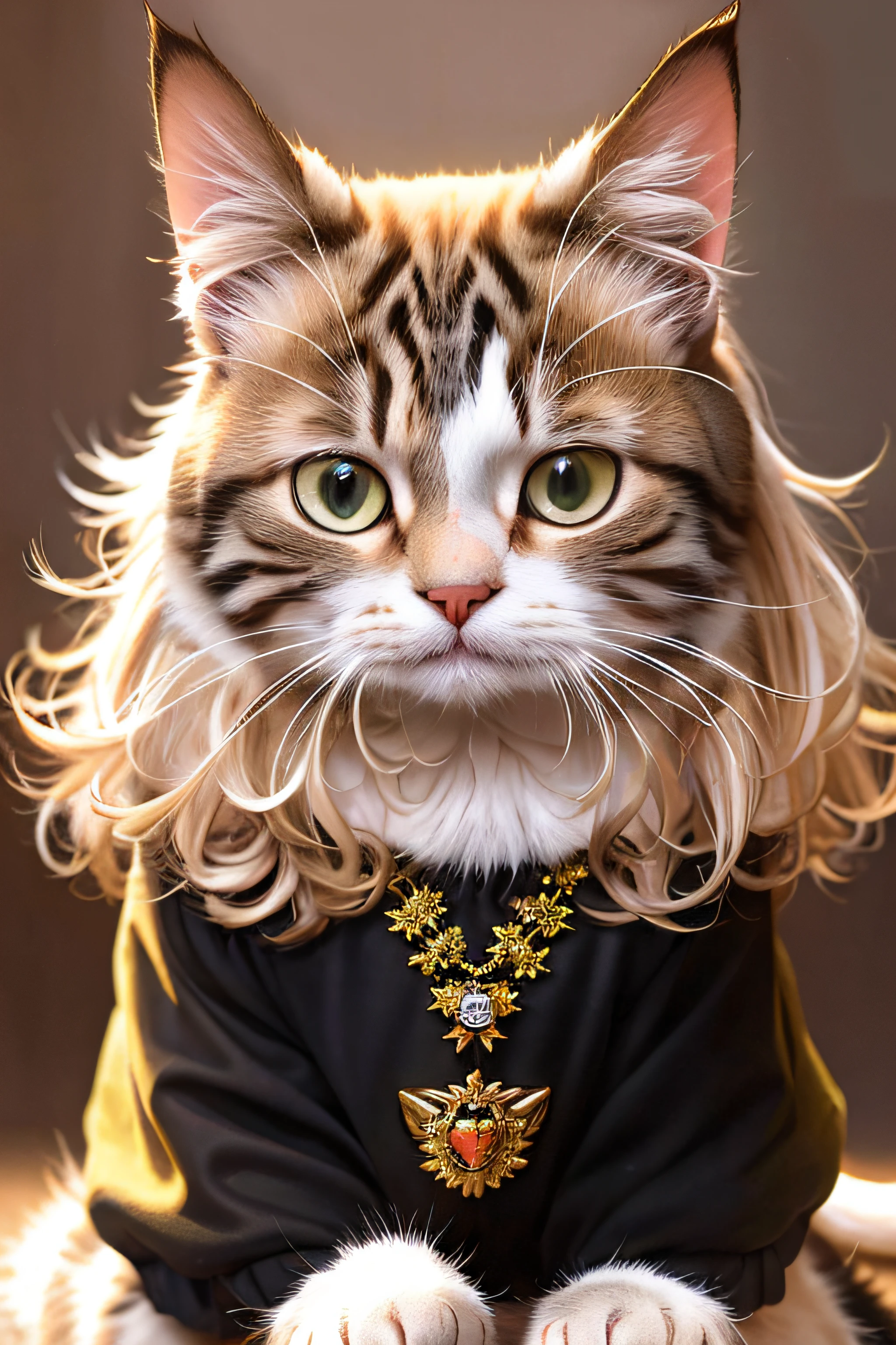 ((A cat in clothes)), Fluffy hair, Background of the forest,Anthropomorphic expressions, Rich colors, Exquisite details, Masterpiece, Realistic,2K, 4K, Full-HD, artsation, CG, Realistic, illusory engine , Real light and shadow, Beautiful rich colors, Amazing details, Masterpiece 8K Ultra HD, Digital SLR, Soft lighting, High quality, filmgrain, Fujifilm XT3