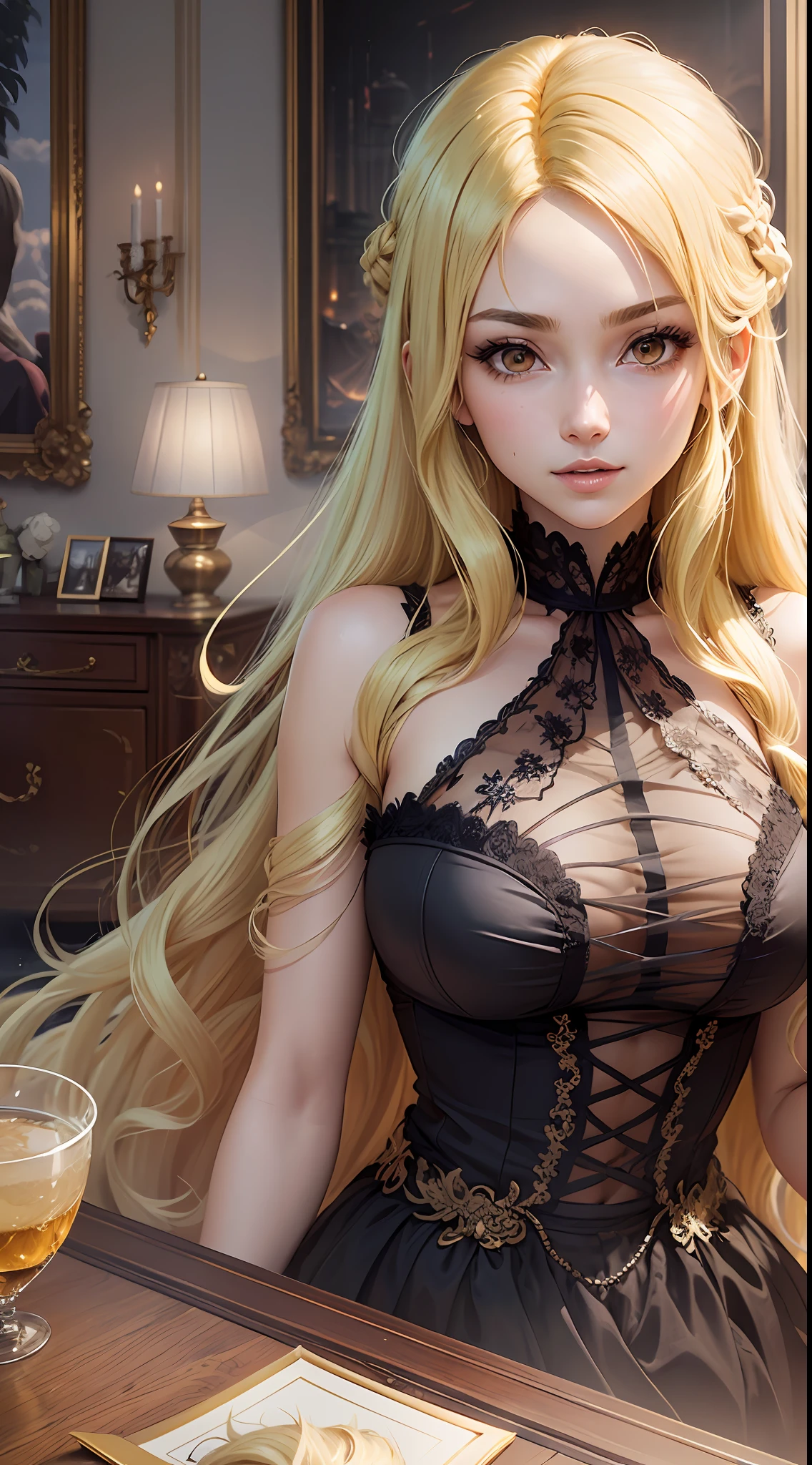 1girll,(Long fluffy blonde hair:1.6),Black dress,Mature female,Rich and noble families,full bodyesbian,In the living room of the villa,ssmile, V-shaped eyebrows,Almost fell,Time is at night,looking at viewert,Ultra-detailed CG,Exquisite facial features,Clear facial expressions,Detailed digital anime art,Digital anime art,High quality anime art style