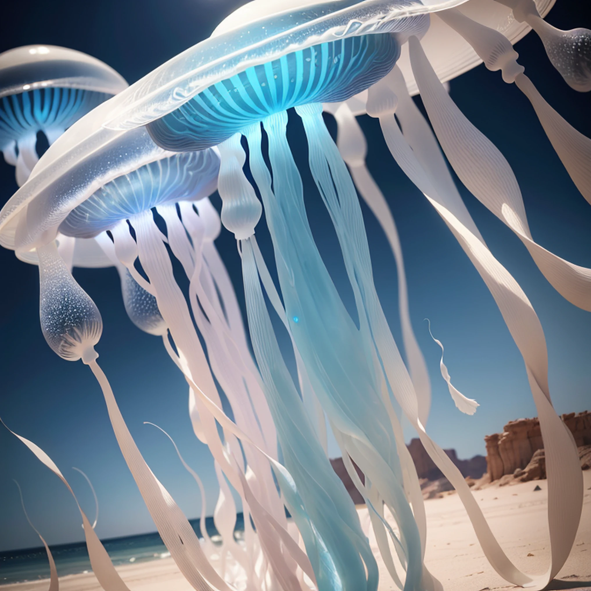 a lots of colorful transparent jellyfish spindrift in the white desert with blue sky, a few colorful jellyfish floated around it, side profile light, surreal style, silver grey hue, futuristic, 16k ultra-high definition, medium close-up, scenery shot --ar 3:4 --q 5 --v 5.1 --auto