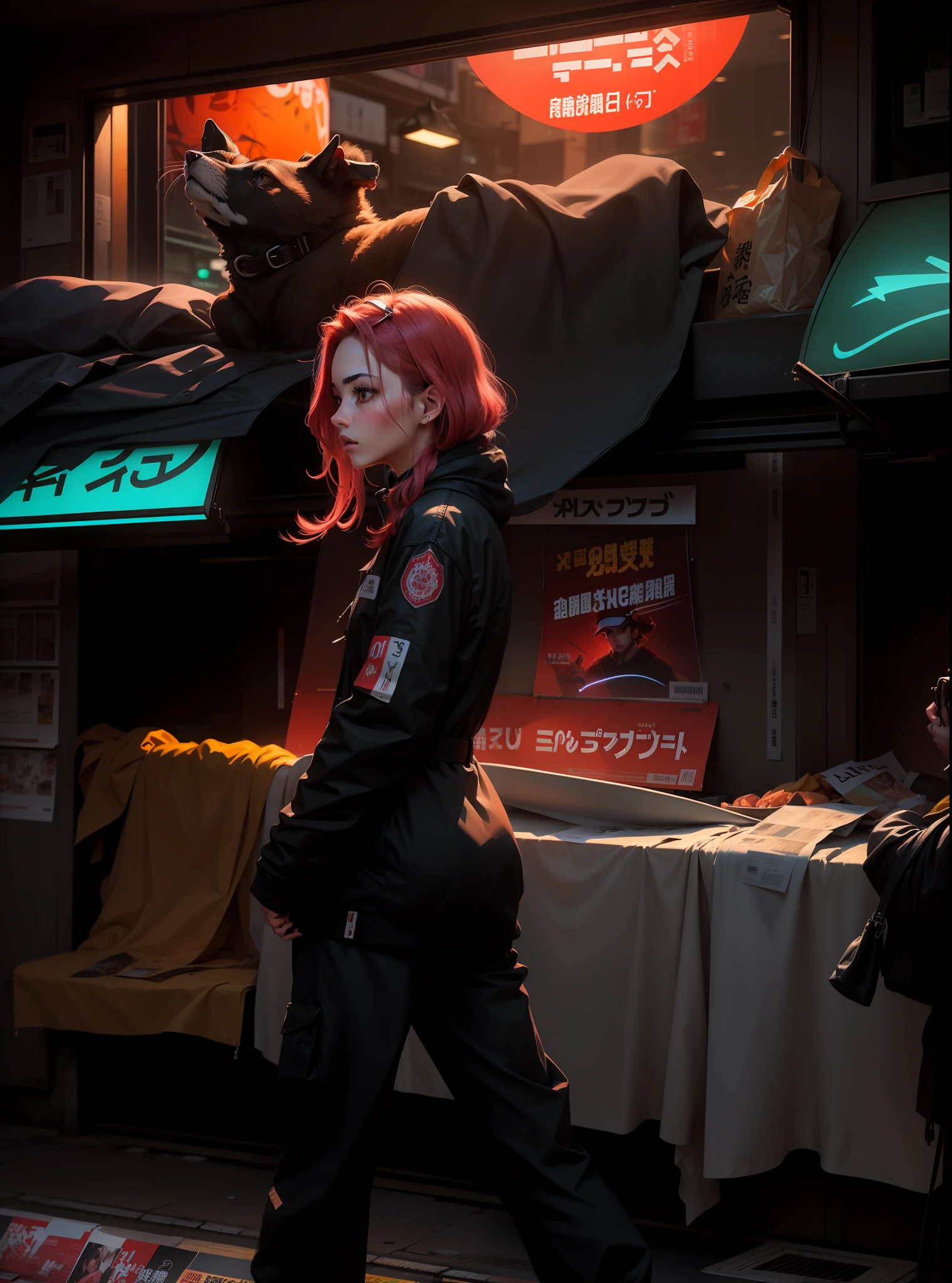 Viendo un rojo y hermoso atardecer en las calles de tokio llenas de carteles de neon