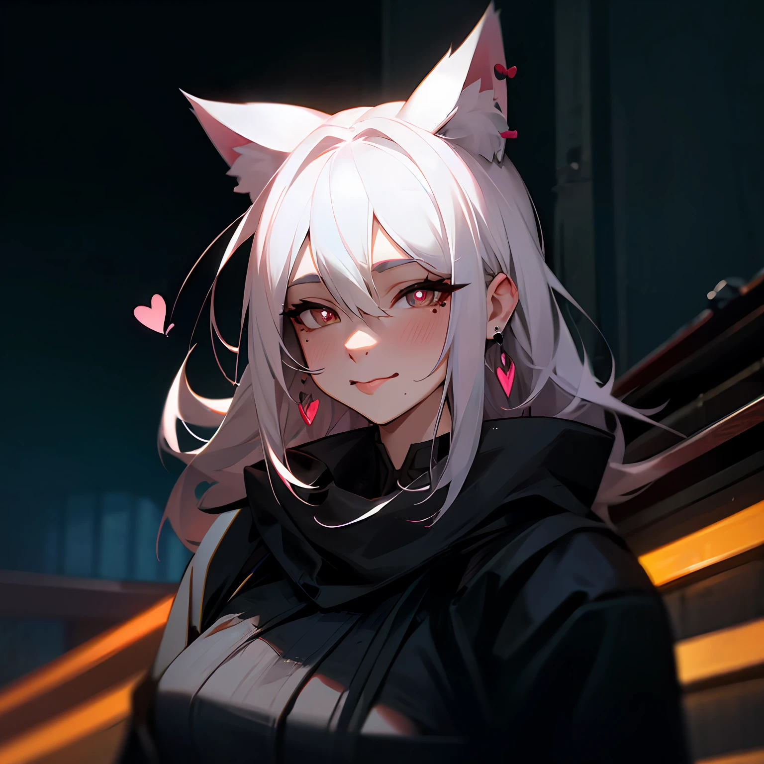 white hair, fox mask, mole under eye, heart-shaped pupils, cat ears, earrings, fake animal ears, blush, licking lips, motion blur, character chart, cinematic lighting, high detail, Verism, UHD, best quality, highres, high quality, high details --auto