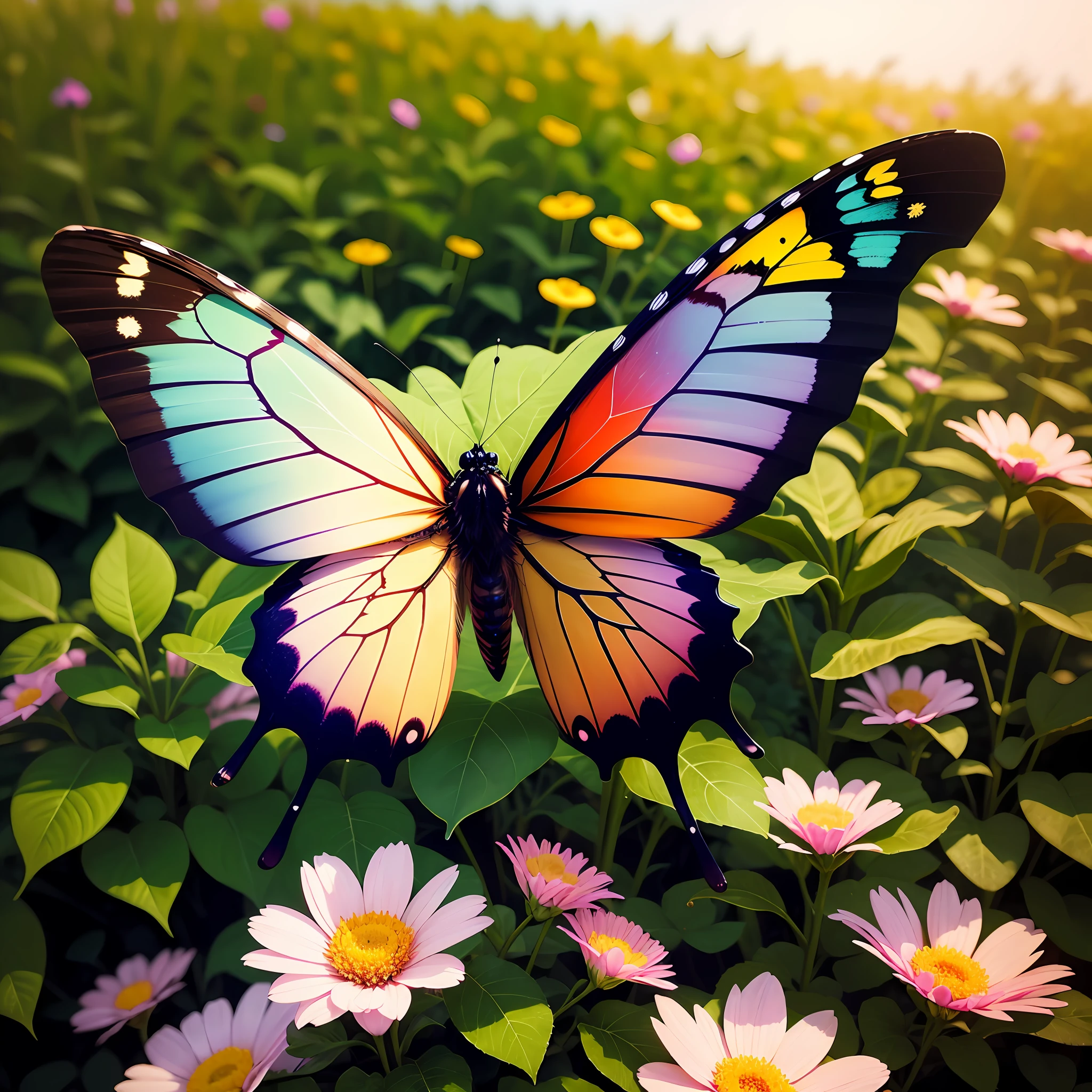 A beautiful colorful butterfly on a flower in the garden. The butterfly is large and is in the foreground of the photo. It looks unreal and fairy - tale - like. Cinematic, it looks unreal. --auto