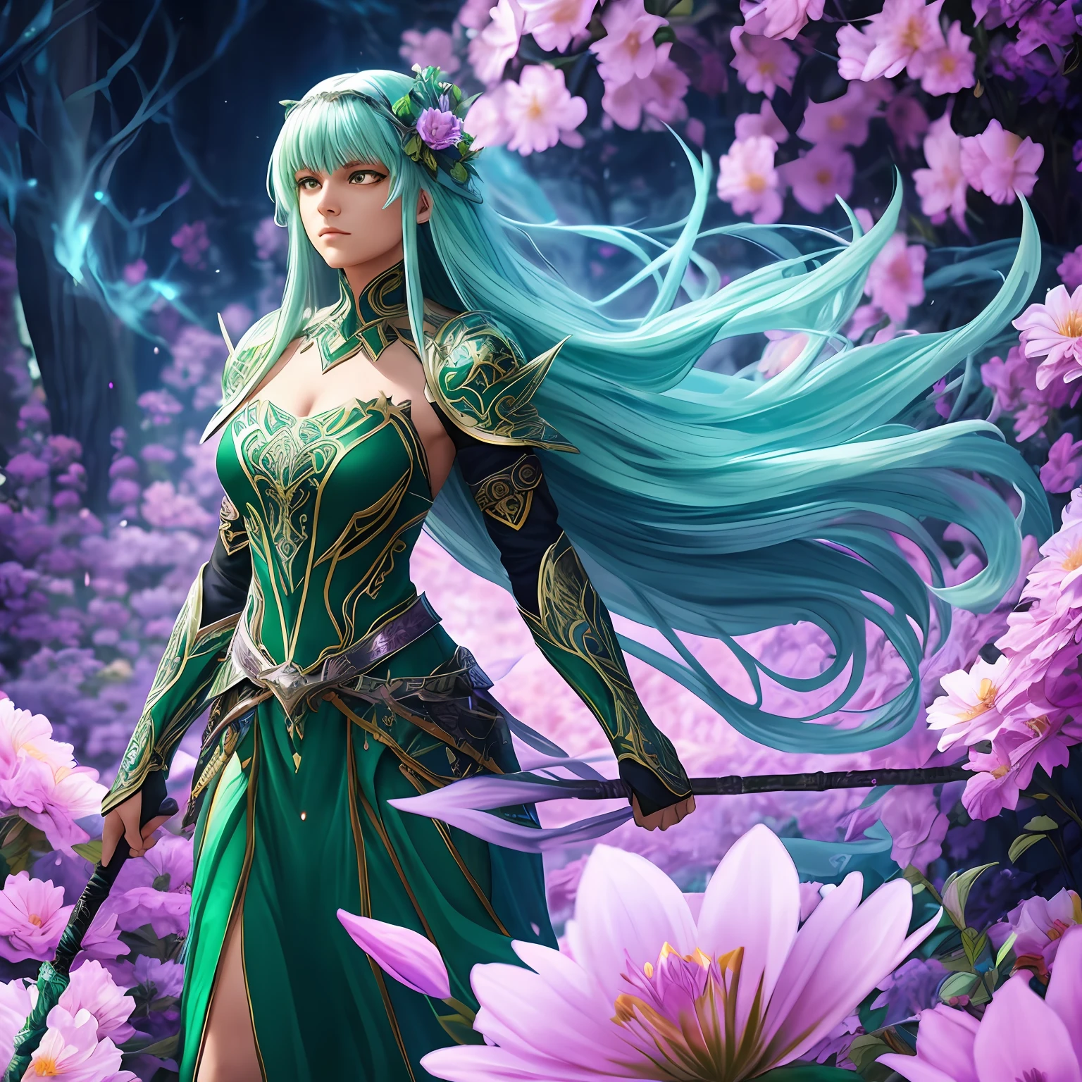 Altera, the Guardian of Flowers**
Description: Create a live-action image of "Altera," the aggressive guardian spirit of the flowers. She is a majestic and imposing figure with ethereal features, resembling a guardian spirit with an intense aura. She has long, flowing hair that cascades down her back, colored in vibrant shades of deep green with subtle hints of flower petals. Her eyes are an intense shade of purple, radiating a sense of power and determination. She wears intricately designed armor that blends nature-inspired elements with a touch of otherworldly mystique. The armor is adorned with glowing runes and intricate patterns, hinting at her magical nature. She wields a staff with a crystal-like orb at its tip, which emanates a soft, otherworldly glow. Her attire and overall appearance should exude a sense of strength and elegance, reflecting her role as the guardian of the flower garden.+ --auto