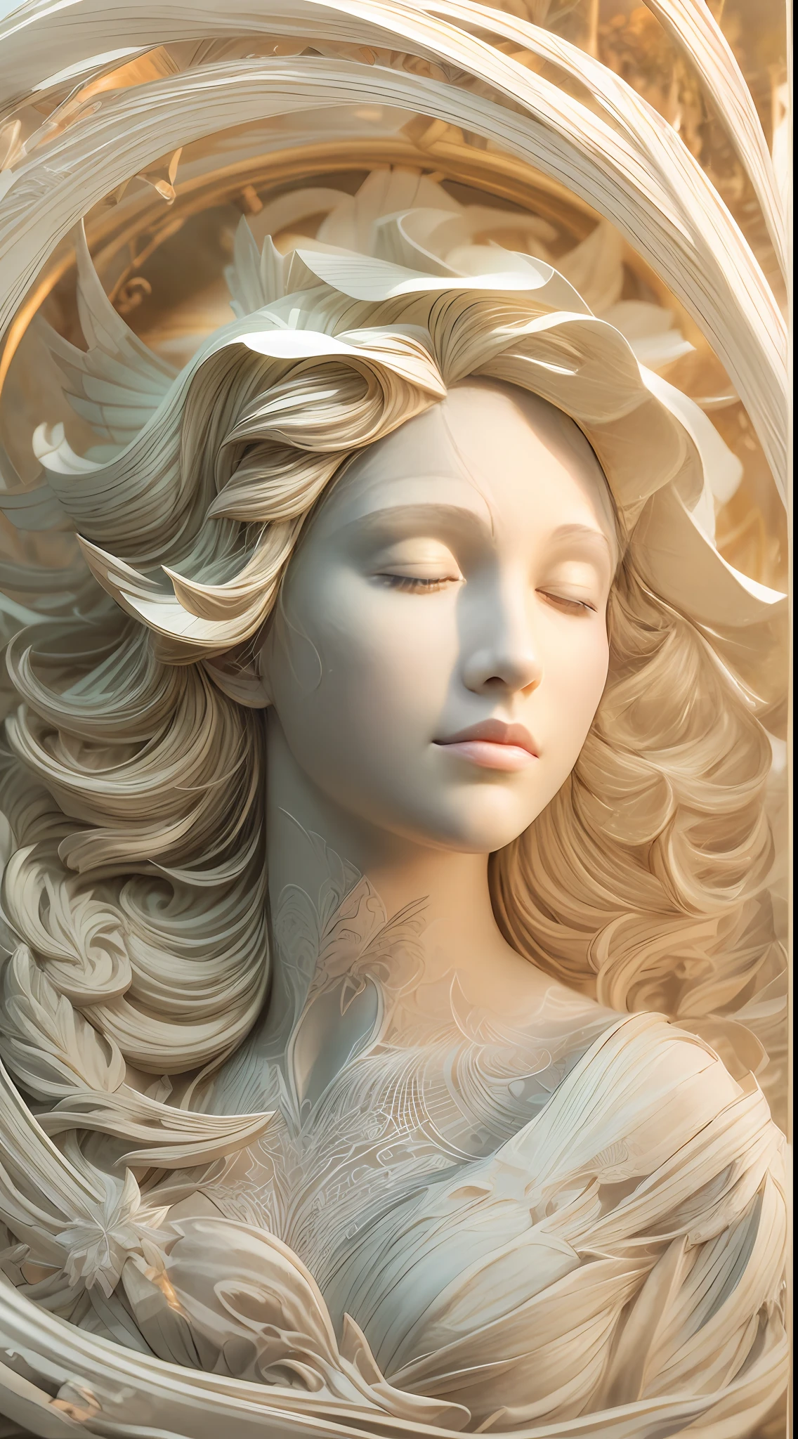 （illustration: 1.3),（ paper art: 1.3), 3D rendering of, Beautiful Angel Close your eyes, the sea, Sunset Beach, Best quality, Detailed details, Masterpiece, offcial art, movie light effect, 4K, Chiaroscuro , Flash