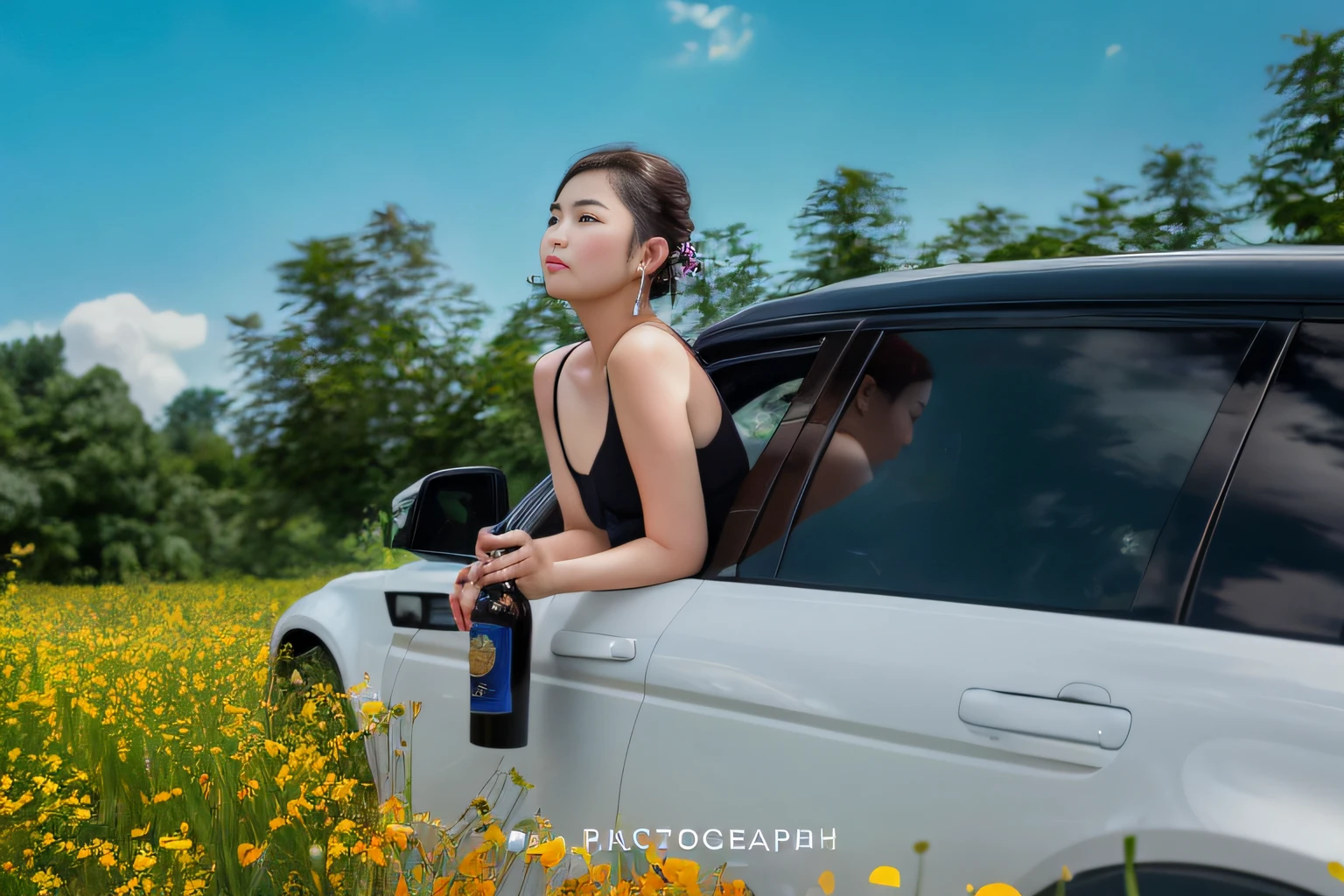 A mixed-race Chinese-Russian woman pokes her head out of a car window in a flower field,Holding wine for car photography, Shot on a Canon EOS R5, model photography,, vogue photography, casual photography --auto
