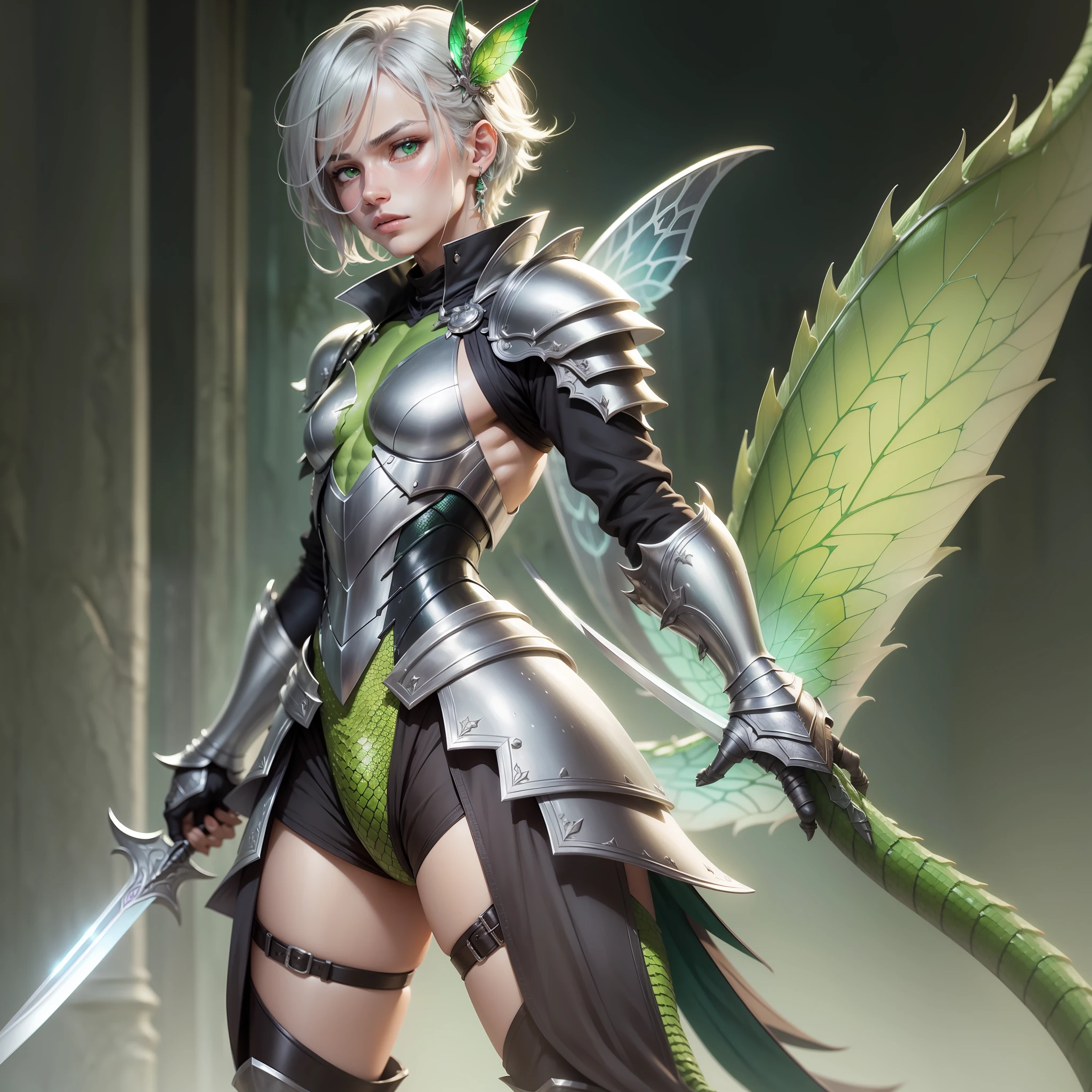 Fairy, Male, light green lizard scales, silver armor, silver sword, light green lizard tail, masterpiece, best quality, vivid colors