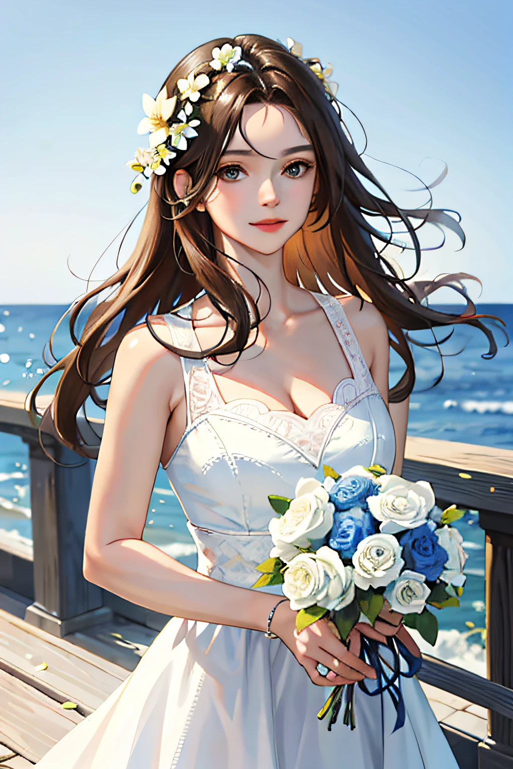 (masterpiece:1.2, best quality), (real picture, intricate details), (1lady, solo, upper body, big) Blue sea,Lighthouse in the distance,Kizi,The upper part of the body,Holding a bouquet of flowers in his hand,white dresses,brown hair,Fluttering hair,jewely,ssmile,first person perspective,tmasterpiece,High- sharpness