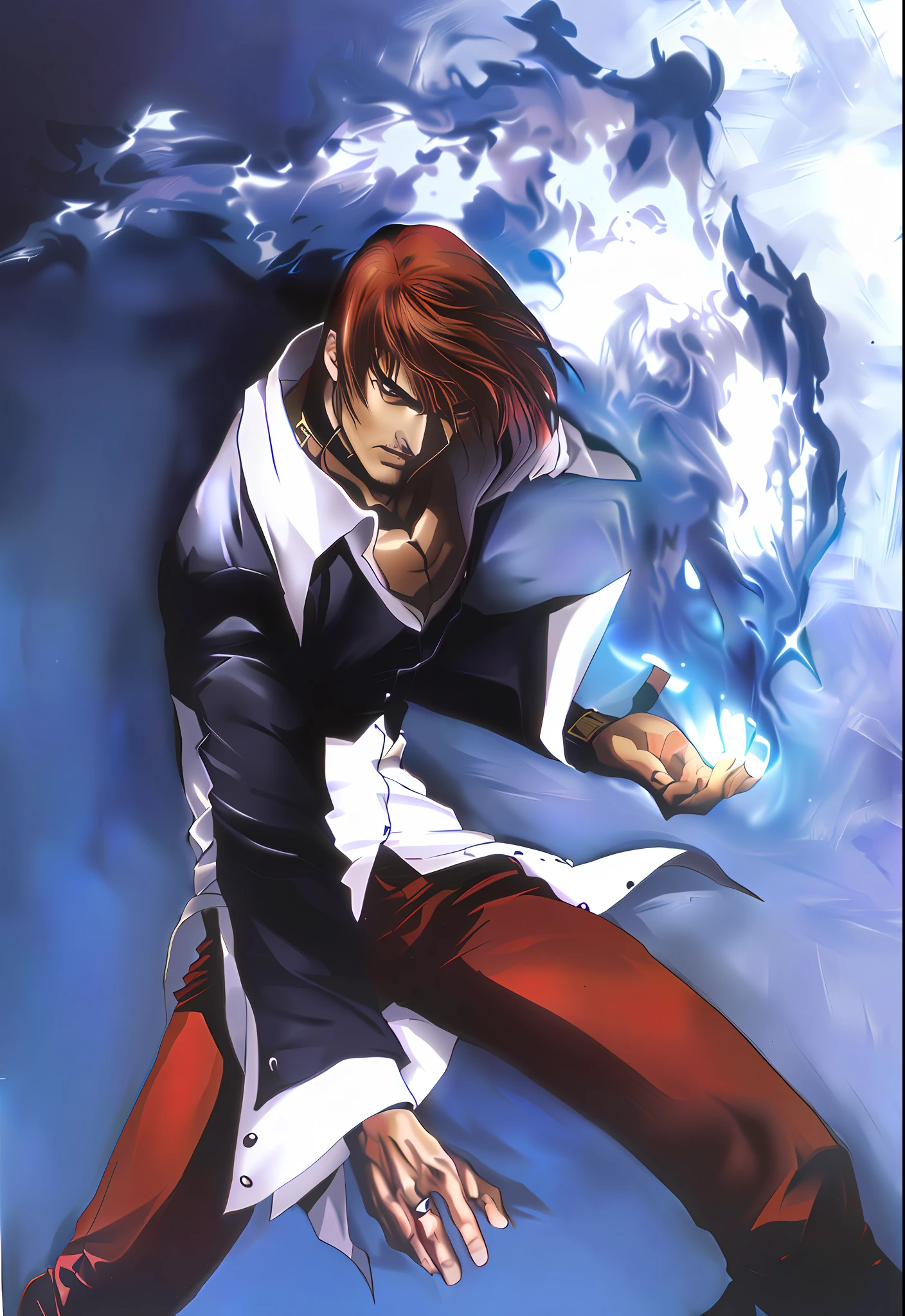 Anime characters with red hair and white shirt lying on the ground, 《king of fighter》role, king of fighters style, boromir in an 80\'s anime world, fighting game character, Yagami, from kenshin, Shinkai sincerely, anime ninja scroll, Tsubasa Chronicles, honest, light yagami, anime figure