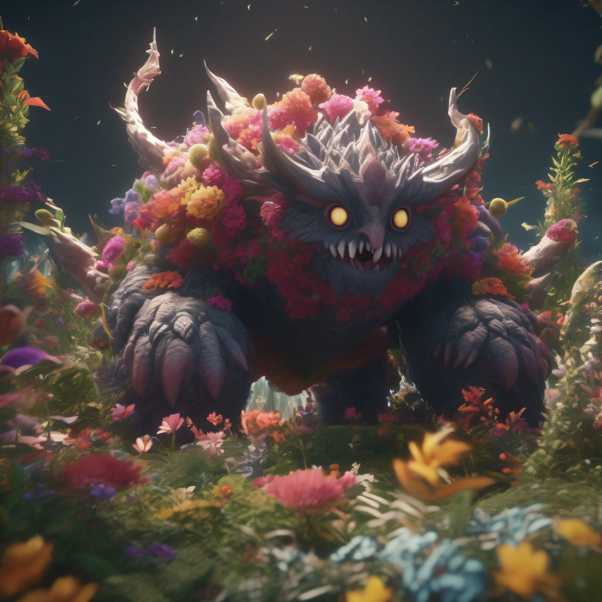 gigantic monster, Covered with plants and flowers,Pokémon,"Harry Potter style, Thrilling battle scenes, First-person perspective, expansive scenes,3D,Pinterest,behans,drools,Octane rendering,Redshift rendering, 8K,HD --ar 2:3 --S 750 style original