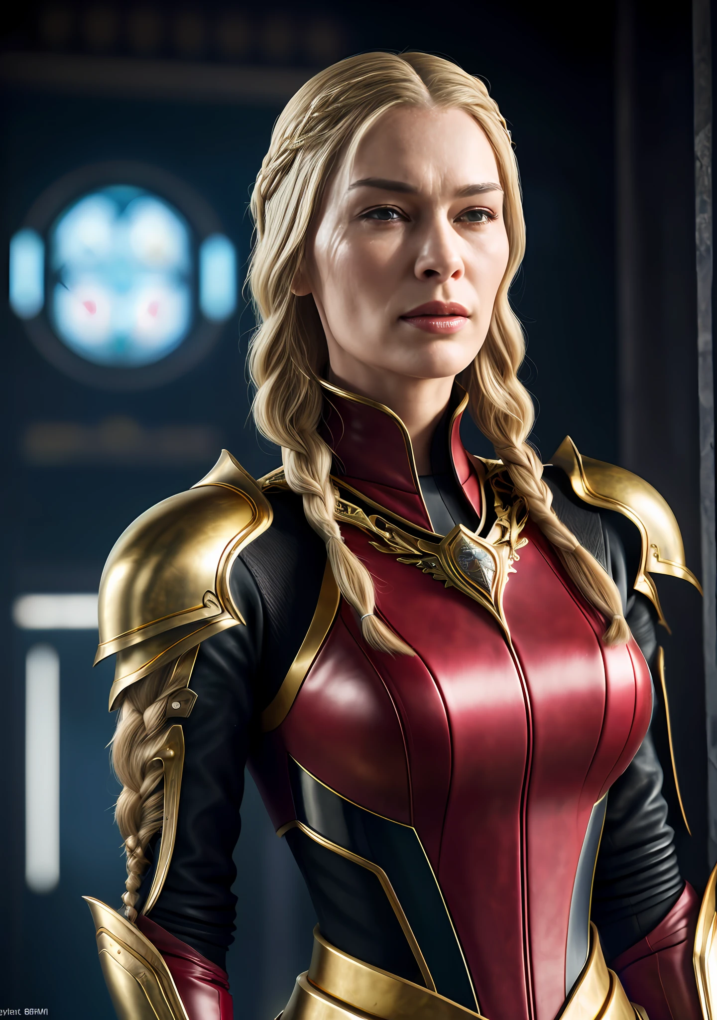 complex 3d render, ultra-detailed of a beautiful ((Lena Headey)), sexy ((Cersei Lannister)), (cyberpunk Game of Thrones), ((cyberpunk queen)), ((wears cyberpunk red-and-gold luxurious royal armor)), ((wears cyberpunk crown)), ((long blonde braid hair)), (makeup), (red lips), 150 mm, beautiful studio soft light, rim light, vibrant details, luxurious cyberpunk, lace, hyperrealistic, anatomical, facial muscles, cable electric wires, microchip, elegant, beautiful background, octane render, H. R. Giger style, 8k, best quality, masterpiece, illustration, an extremely delicate and beautiful, extremely detailed, CG, unity, wallpaper, (realistic, photo-realistic:1.37), amazing, finely detail, masterpiece, best quality, official art, extremely detailed, 8k wallpaper, incredibly absurd res, full body, standing near throne