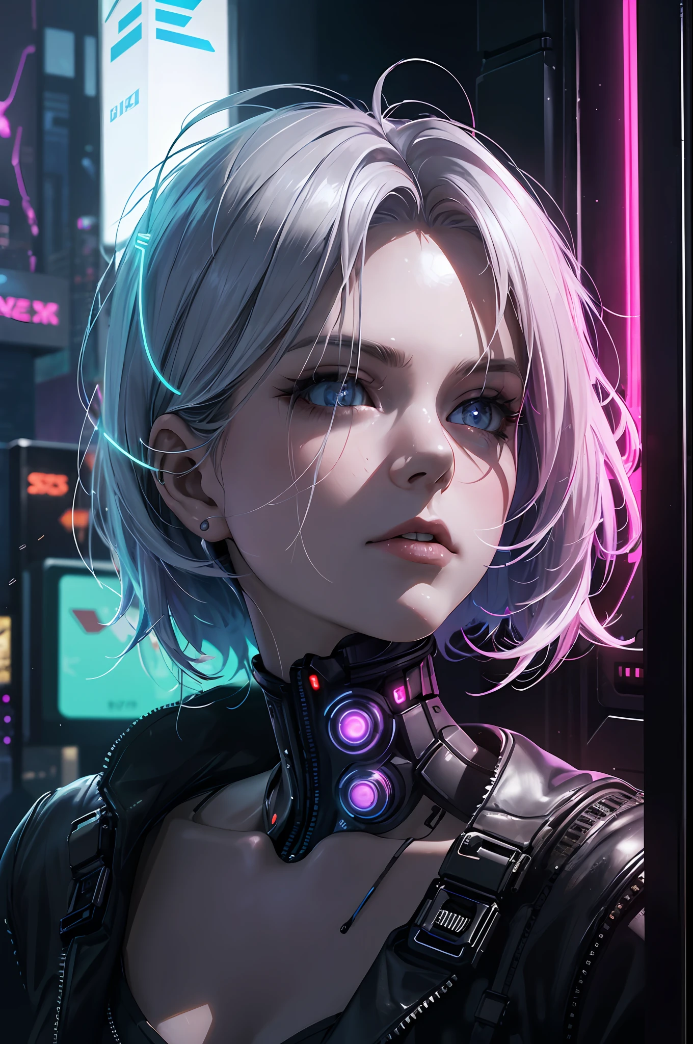 absurdres, highres, reflection, refraction:1.4, ultra detailed:1.4, (photorealistic:1.4, ultra high res, RAW photo), BREAK (cyberpunk:1.3), Android, robot_girl, silver hair, beautiful face with cool expression, In the dark decaying ruins, (super wide angle:1.2), shot from below BREAK ((neon lighting, vibrant glow, dynamic colors, striking contrast, futuristic vibe, electric energy, reflective surfaces))