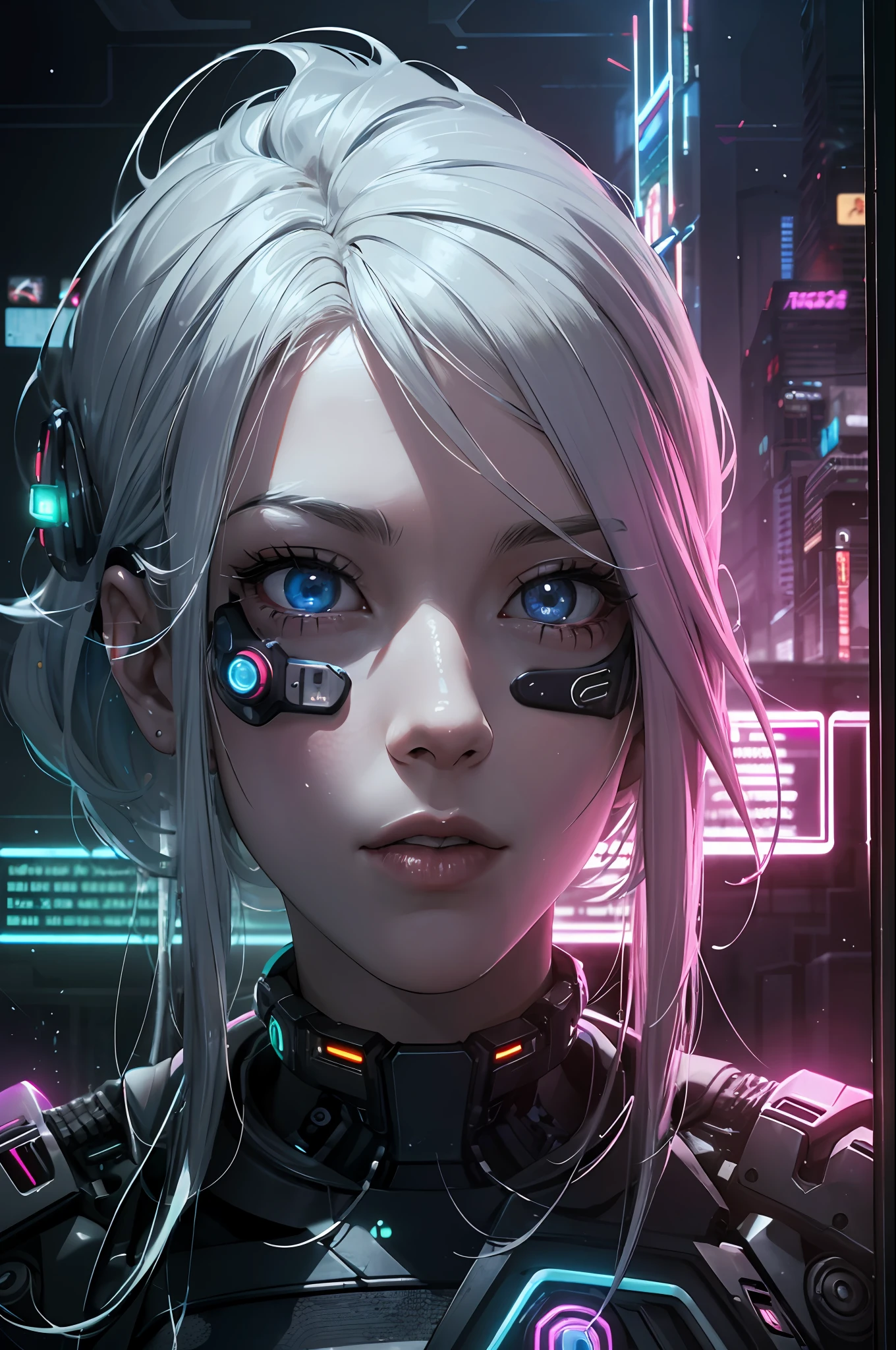 absurdres, highres, reflection, refraction:1.4, ultra detailed:1.4, (photorealistic:1.4, ultra high res, RAW photo), BREAK (cyberpunk:1.3), Android, robot_girl, silver hair, beautiful face with cool expression, In the dark decaying ruins, (super wide angle:1.2), shot from below BREAK ((neon lighting, vibrant glow, dynamic colors, striking contrast, futuristic vibe, electric energy, reflective surfaces))