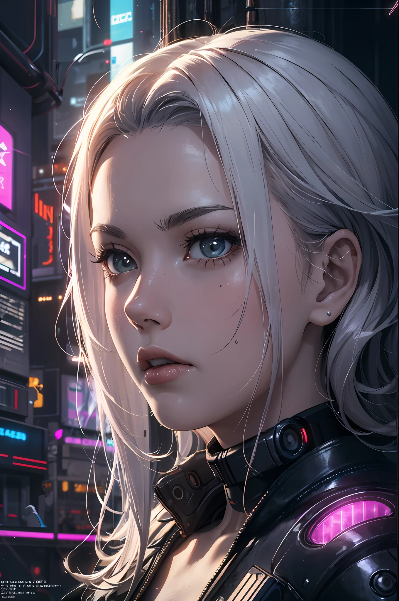 absurdres, highres, reflection, refraction:1.4, ultra detailed:1.4, (photorealistic:1.4, ultra high res, RAW photo), BREAK (cyberpunk:1.3), Android, robot_girl, silver hair, beautiful face with cool expression, In the dark decaying ruins, (super wide angle:1.2), shot from below BREAK ((neon lighting, vibrant glow, dynamic colors, striking contrast, futuristic vibe, electric energy, reflective surfaces))