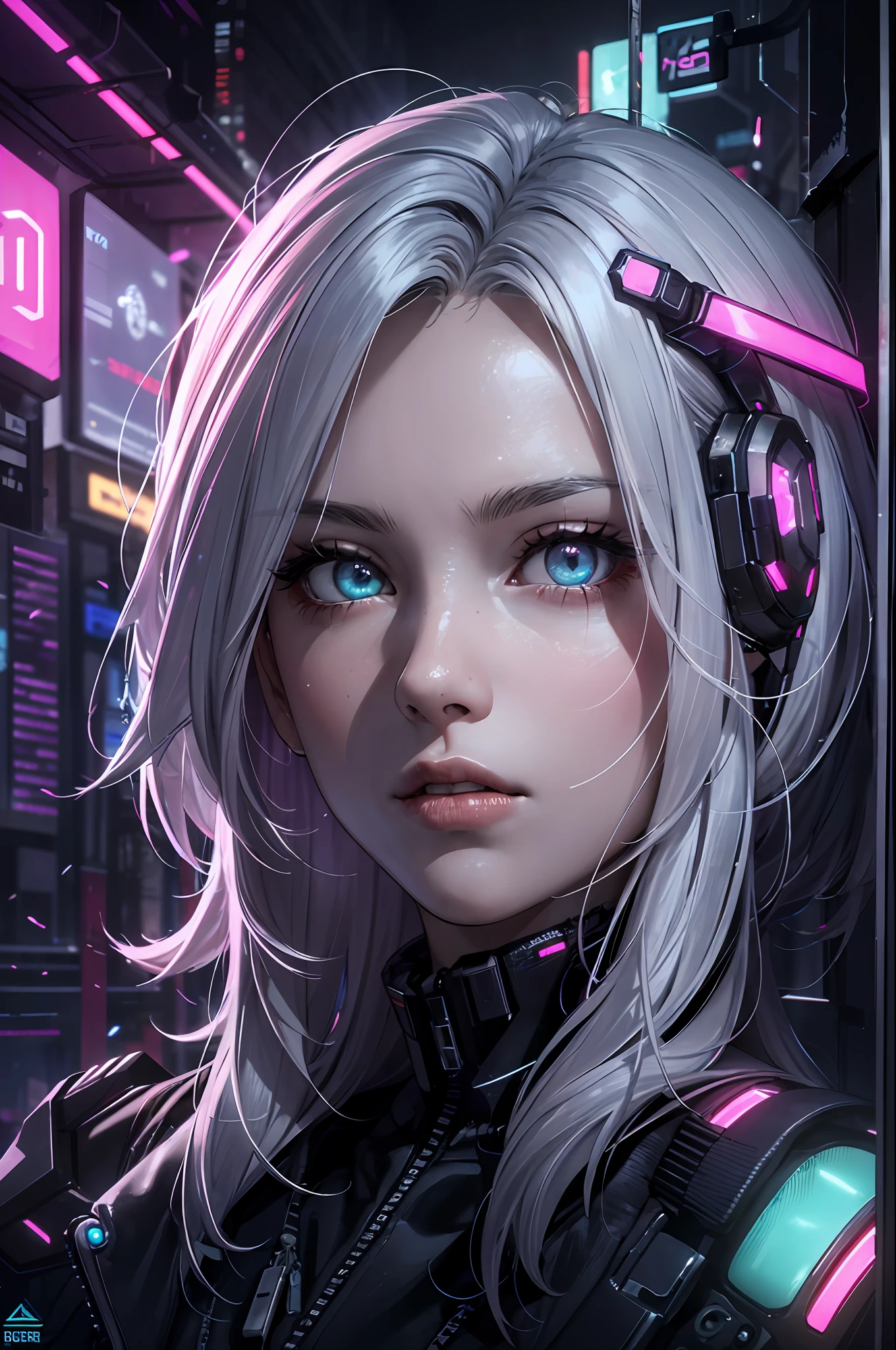 absurdres, highres, reflection, refraction:1.4, ultra detailed:1.4, (photorealistic:1.4, ultra high res, RAW photo), BREAK (cyberpunk:1.3), Android, robot_girl, silver hair, beautiful face with cool expression, In the dark decaying ruins, (super wide angle:1.2), shot from below BREAK ((neon lighting, vibrant glow, dynamic colors, striking contrast, futuristic vibe, electric energy, reflective surfaces))