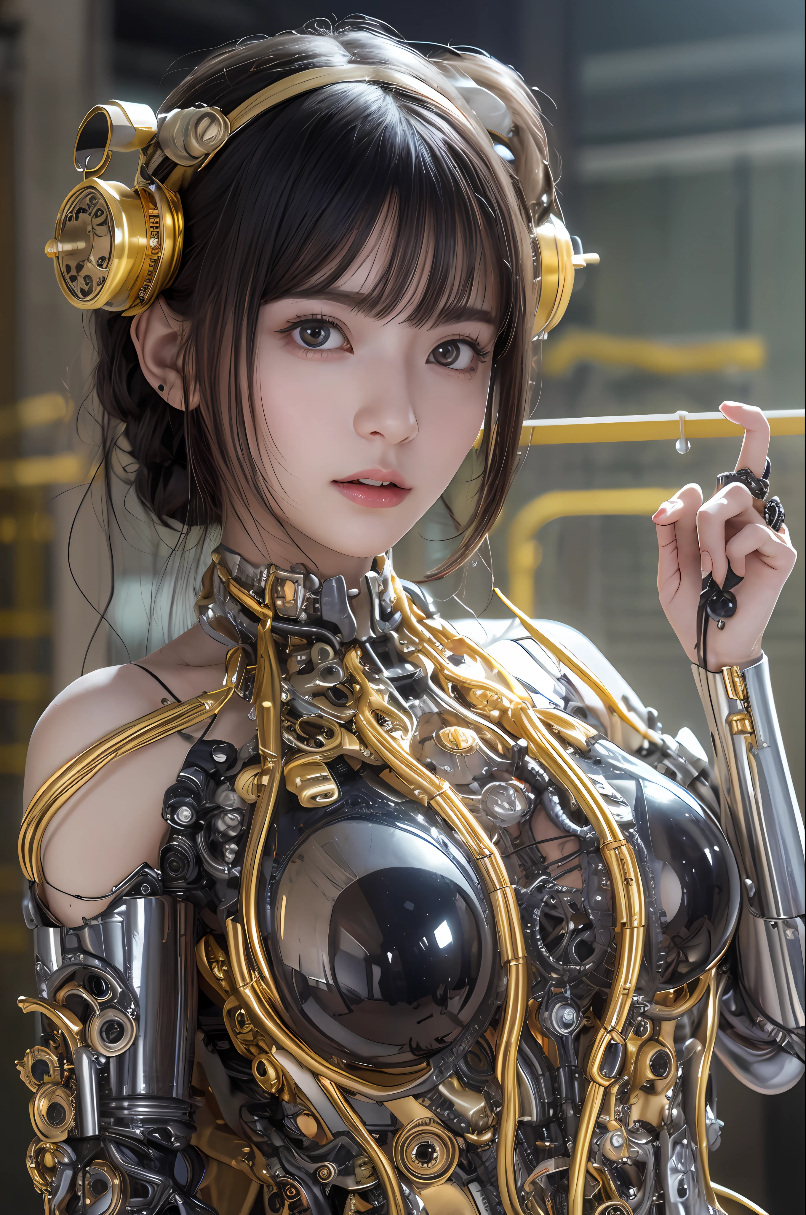 top-quality、masterpiece、超A high resolution、(Photorealsitic:1.4)、Raw photo、女の子1人、Black hair、glowy skin、1 Mechanical Girl、((super realistic details))、White plastic body、portlate、globalillumination、Shadow、octan render、8K、ultrasharp、character edge light,Colossal tits、Raw skin is exposed in cleavage、Details of complex ornaments、Steampunk details、vacuum tubes、Nixie Kan、Oil pressure gauge、Glass Kan、Analog Meter、gear wheel、gear、Golden hydraulic cylinder、highly intricate detail、Realistic light、CGSoation Trends、a purple eye、radiant eyes、Facing the camera、neon details、Mechanical limbs、blood vessels connected to tubes、Mechanical vertebrae attached to the back、mechanical cervical attaching to neck、sitting on、Wires and cables connecting to the head、Gothloli details、Small LED lamp、