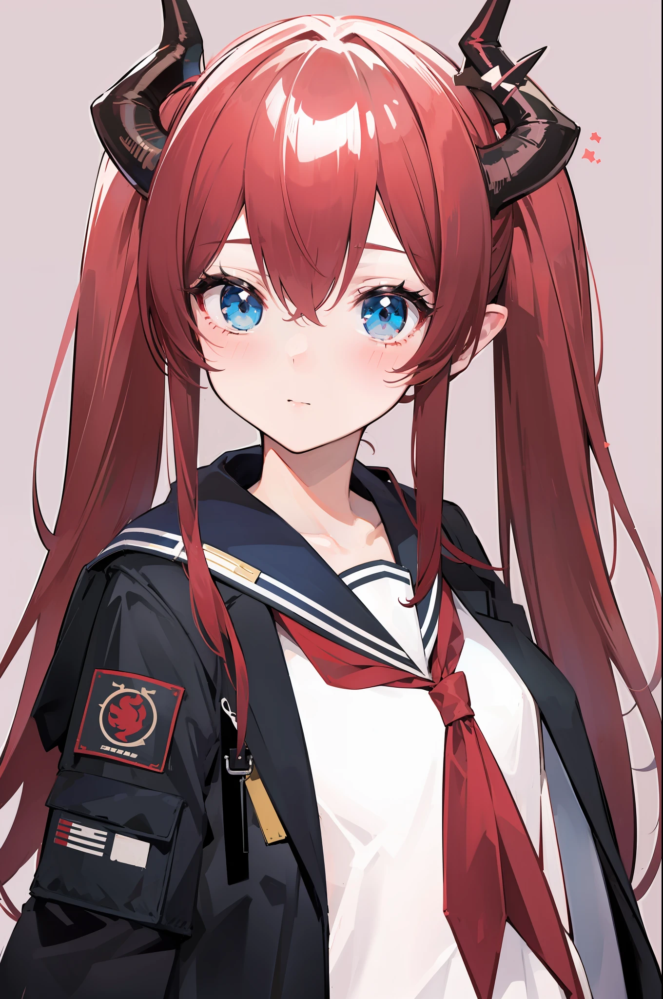red hair, blue eyes, twintails,Sailor suit,Dragon horns,coat,red Pleated skirt,solo,1girl, arknights, long hair, loli,little girl