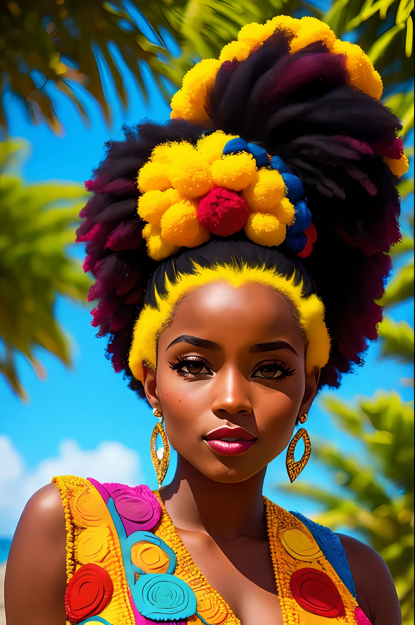 description: Gere uma imagem da Arlequina  (corpo)with totally African characteristics, incluindo pele escura, (cabelo enrolado) e colorido.

Instructions for generating the image:
1. A Arlequina deve ser representada como uma mulher (africana, com pele escura )and facial features that reflect the ethnic and cultural diversity of the African continent.
2. Seu cabelo deve ser naturalmente (enrolado, com cachos definidos e cheios), demonstrando a beleza dos diferentes estilos e texturas de cabelo afro.
3. Hair coloring should be vibrant, usando cores como azul, rosa, verde ou roxo, que combinem harmoniosamente com sua (pele escura )e realcem sua personalidade marcante.
4. Ela deve estar vestindo um traje inspirado na personagem original da Arlequina, with a predominance of black and red colors, azul,amarelo e rosa,but with elements that value the richness of cultural traditions( africanas.)
5. Harley Quinn's pose should be dynamic, reflecting his outgoing and energetic personality, and allowing you to highlight your African identity with confidence.
6. O fundo da imagem pode ser uma paisagem urbana, allusion to a cosmopolitan city, or any scenery that refers to the bustling city, mas com elementos que possam representar a cultura africana de forma respeitosa, respeitoso, Sensitive and respectful way;, avoid stereotypes and cultural appropriation. Enfatize a beleza e a diversidade da cultura africana, proporcionando uma imagem empoderadora da Arlequina.

Contar: Use sensory descriptions to enhance the image, destacando a (textura do cabelo,) os detalhes do traje, the facial expression and atmosphere of the scenery.
 da Arlequina; 8k