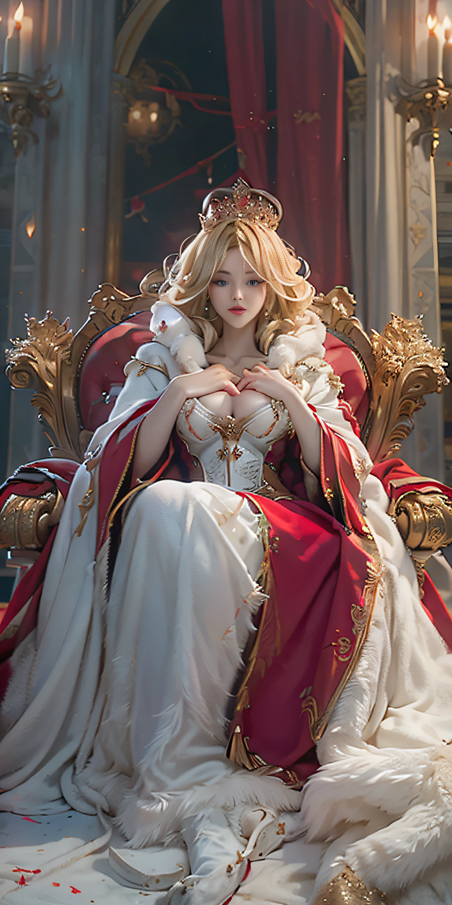 Masterpiece, realistic, realistic: extremely complex, realistic, extremely complex, 1girl, (blonde), crown, red robe, baroque black dress, red cloak, white, cape: fur trim, covering, fur cloak, queen's cloak, forehead, sitting, red eyes, corset, bridal gloves, throne,