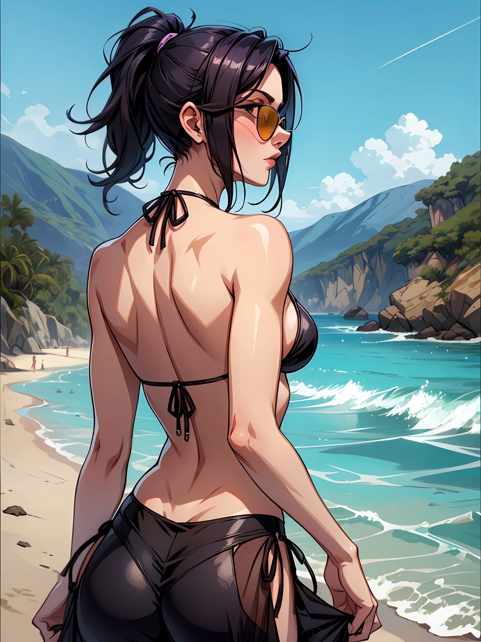 goth woman, mature, bikini, back view, at the beach, sunglasses