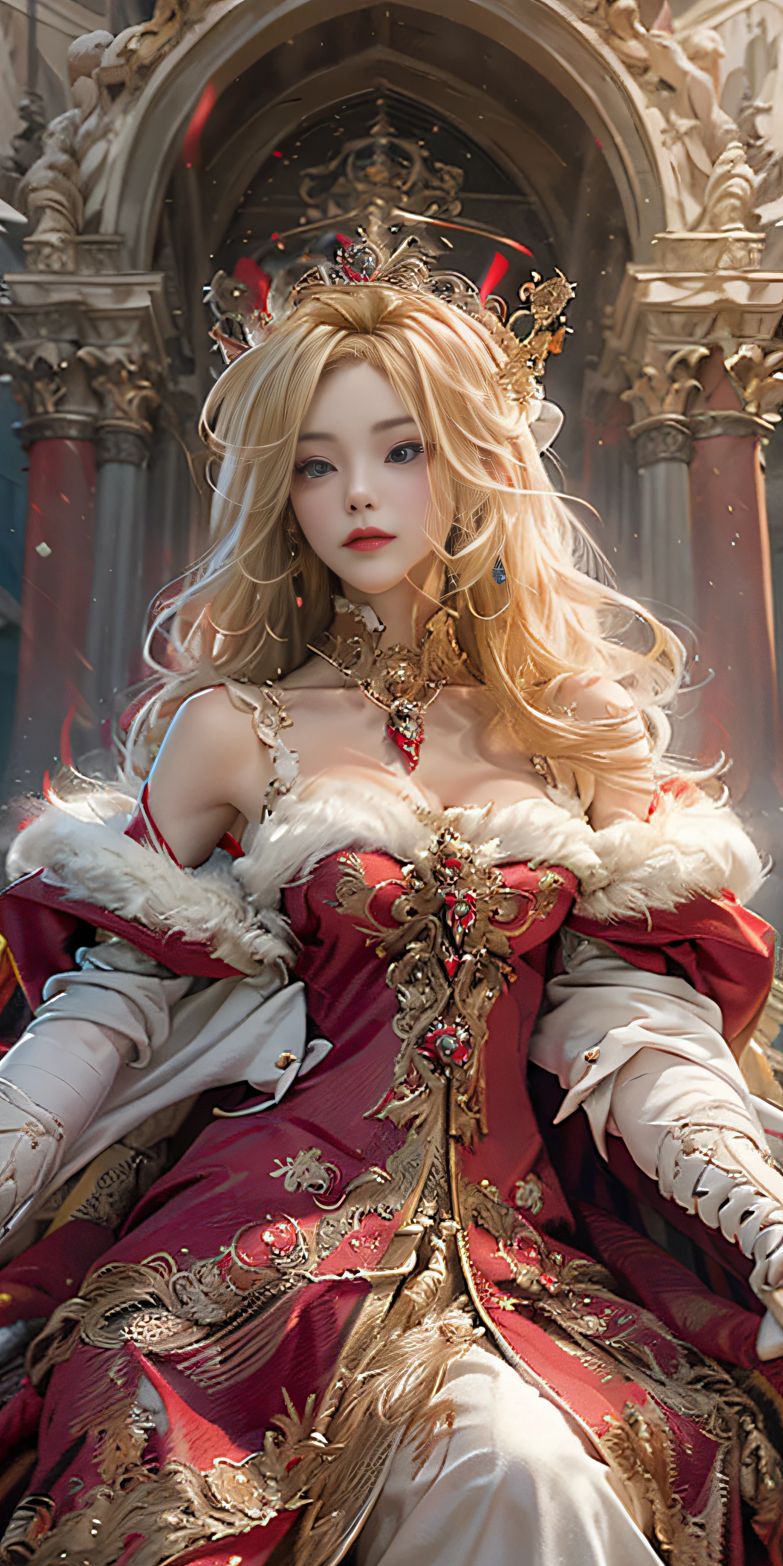 Masterpiece, realistic, realistic: extremely complex, realistic, extremely complex, 1girl, (blonde), crown, red robe, baroque black dress, red cloak, white, cape: fur trim, covering, fur cloak, queen's cloak, forehead, sitting, red eyes, corset, bridal gloves, throne,