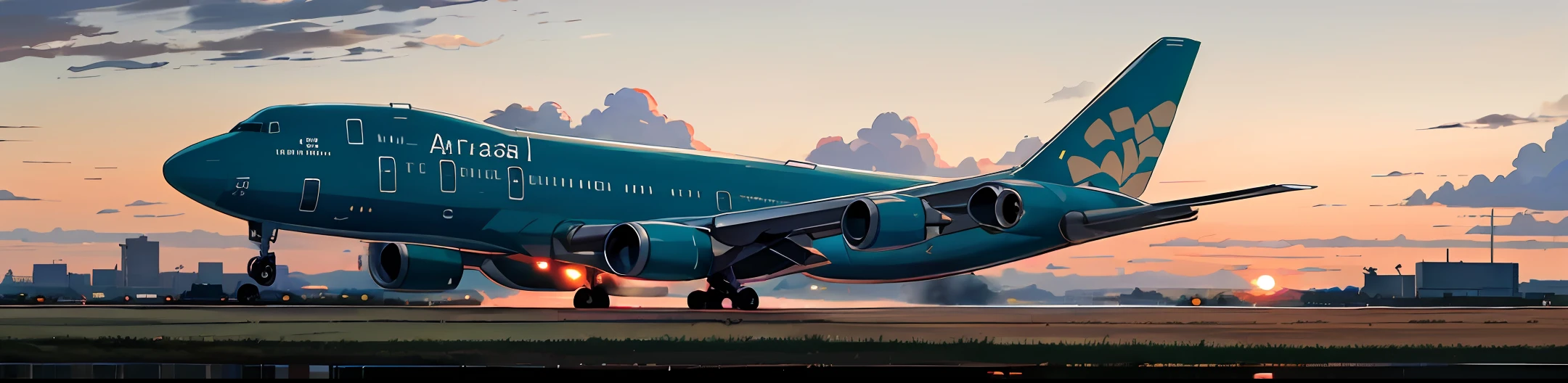 A Boeing 747 airliner landing in the sunset