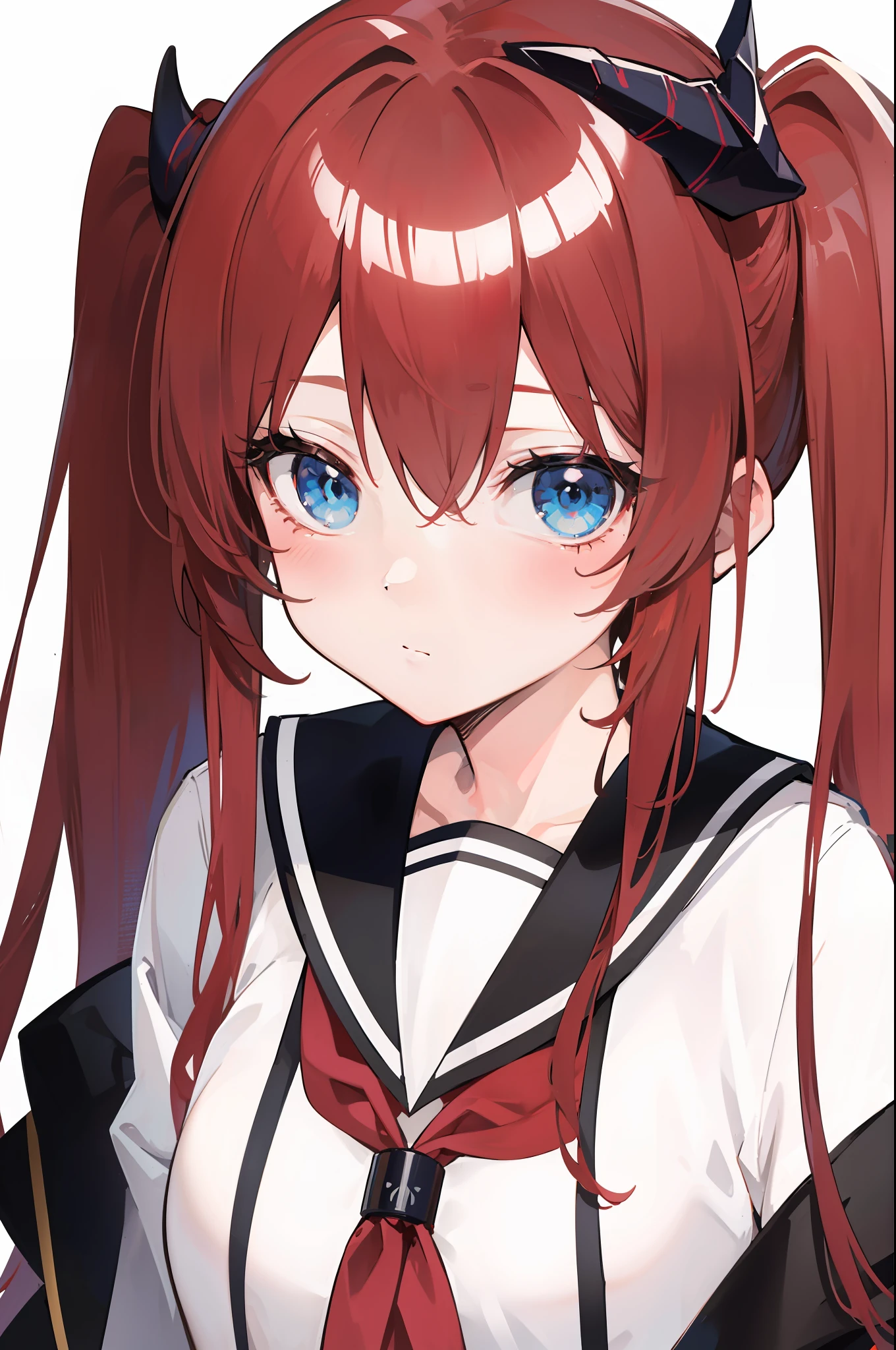 red hair, blue eyes, twintails,Sailor suit,Dragon horns,coat,red Pleated skirt,solo,1girl, arknights, long hair, loli,