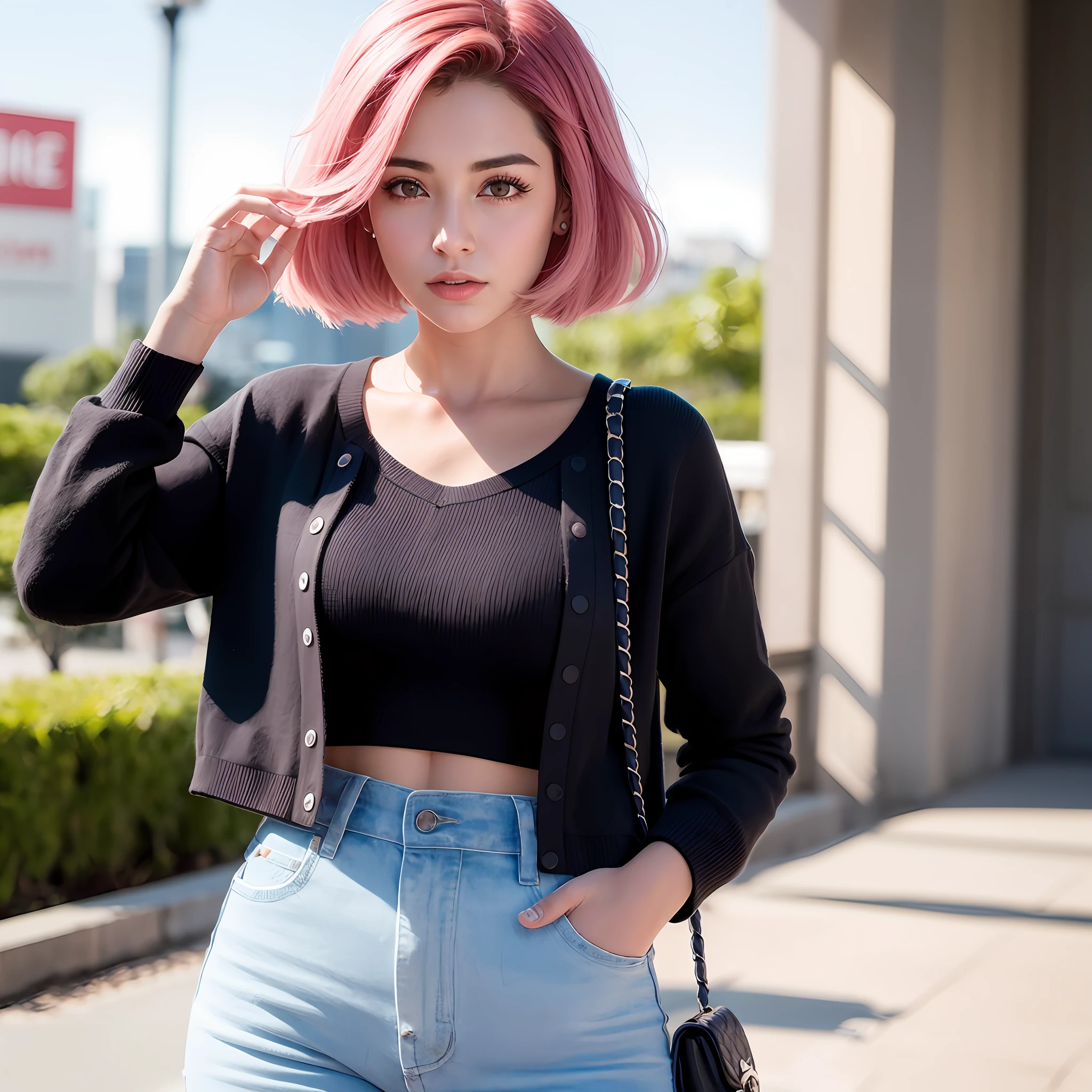 imagem ultra realista de uma garota de 20 anos de idade com o cabelo rosa e corte chanel