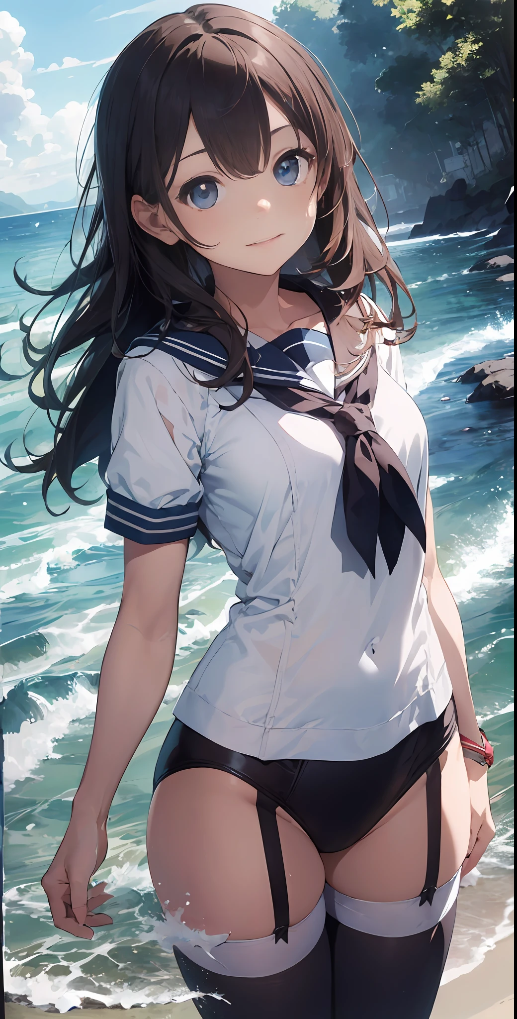 1girll, Beautiful detailed eyes, Brown hair long, Light blue eyes, a sailor suit, High white stockings, Glossy glossy skin, Seaside, beach, Waves, High contrast,ssmile,Side Body,Turn Back,no head gear, ((Masterpiece, Best quality))