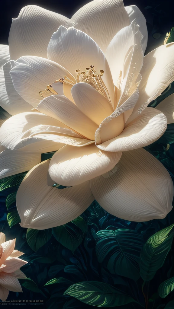 tmasterpiece，Works of masters，top-quality，8K，The ultra-realistice，3D，Ultimate detail，Layered，Clear texture，dyna，Bright texture，atmosphere lights，classic,wonderland,Amazing,Detailed light，Detailed pubic hair，extremely higly detailed，A plant，White gardenia，Solo，closeup cleavage，Moisture，cleanness，Full of life，Gardenia bushes,（The background is black），rim-light，Realistic lighting，