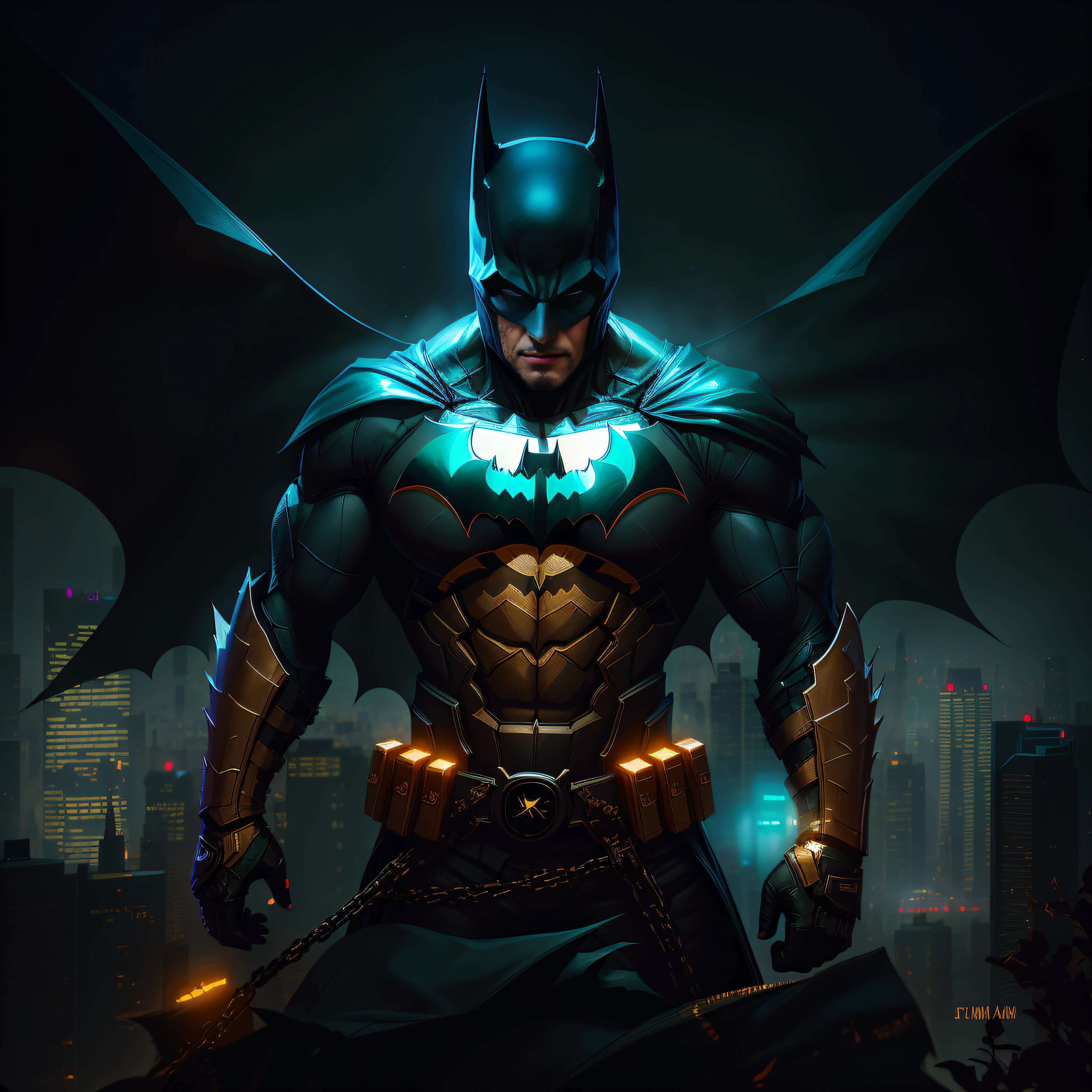 Batman in the dark，Cloaked in a glowing cloak，The background is a city, batman portrait, batman portrait, cyberpunk batman, Ross Tran 8 K, hero pose colorful city lighting, dolman, portrait batman ancient biblical, dolman, wojtek fus, from movie batman, Dwayne Johnson as Batman, trending on artstation 4k, ryan reynolds as batman