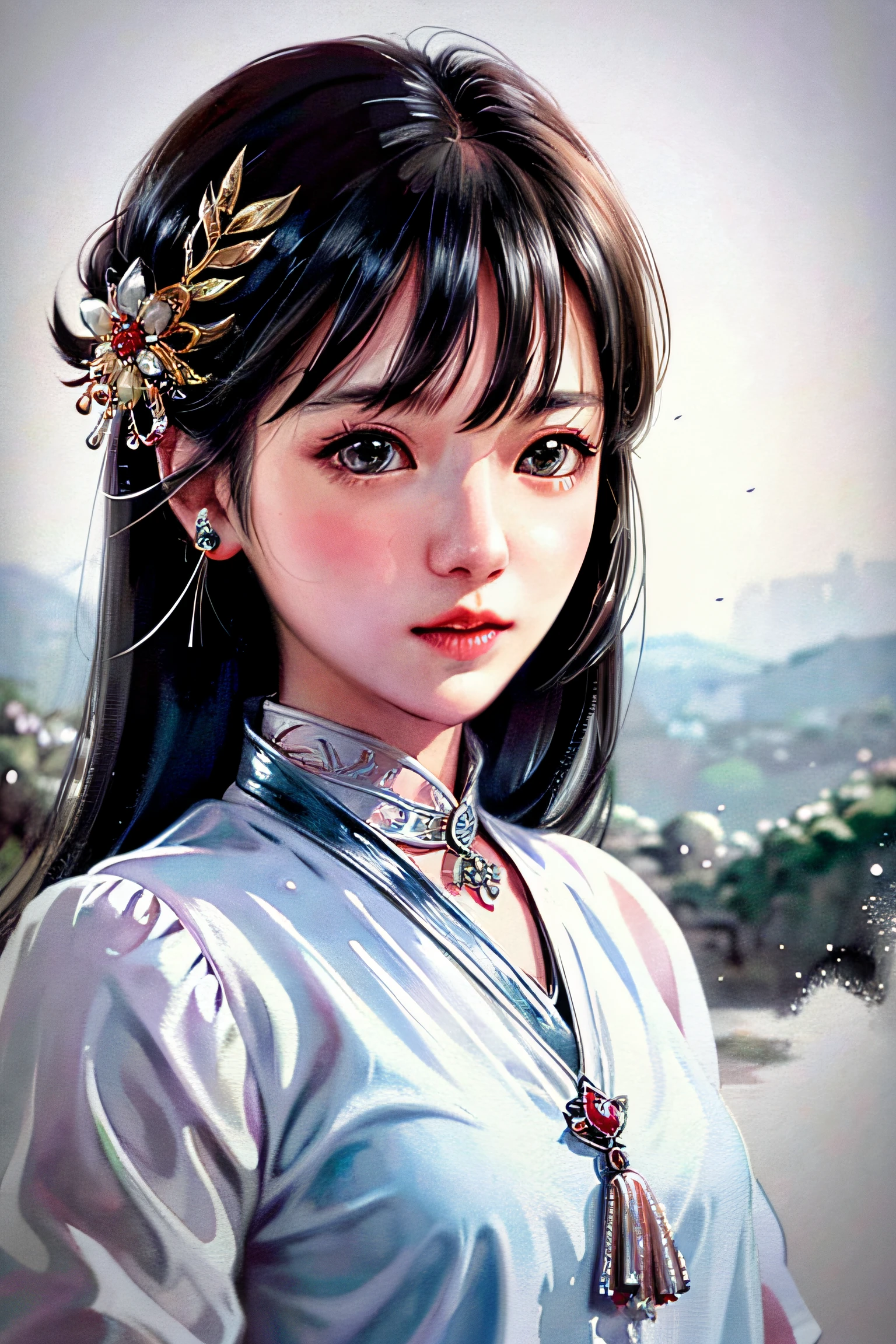 stechu,(white background:1.4), ((tachi-e)), original,(illustration:1.1),(best quality),(masterpiece:1.1),(extremely detailed CG unity 8k wallpaper:1.1), (colorful:0.9),(panorama shot:1.4),(solo:1.2), (ink splashing),(color splashing),((watercolor)), clear sharp focus,{ 1girl standing },((korean style )),flower background,outdoors,rocks, looking at viewer, make happy expressions,soft smile,pure,beautyfull detailed face and eyes,beautyfull intricacy clothing decorative pattern details, black hair,black eyes,colorwater