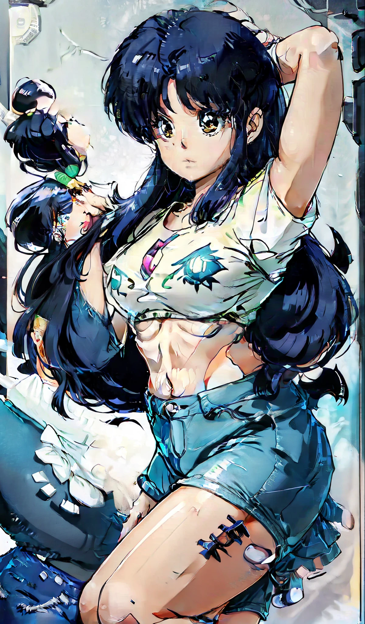 Akane Tendo, muito sensual, com roupas de funkeira, brasileira, na cidade do rio de janeiro, Brasil, dancing funk, rebolando, bunda grande, pernas grossas, usando um short jeans extremamente curto, usando uma mini blusa, umbigo com pirsing, sneakers Nike, cabelo comprido, Speaker behind, corpo inteiro, muito realista, extremamente sexy, 8k, 8k extremamente detalhado), (um extremamente delicado e bonito), (obra-prima), (melhor qualidade: 1.0), (ultra highres:1.0)