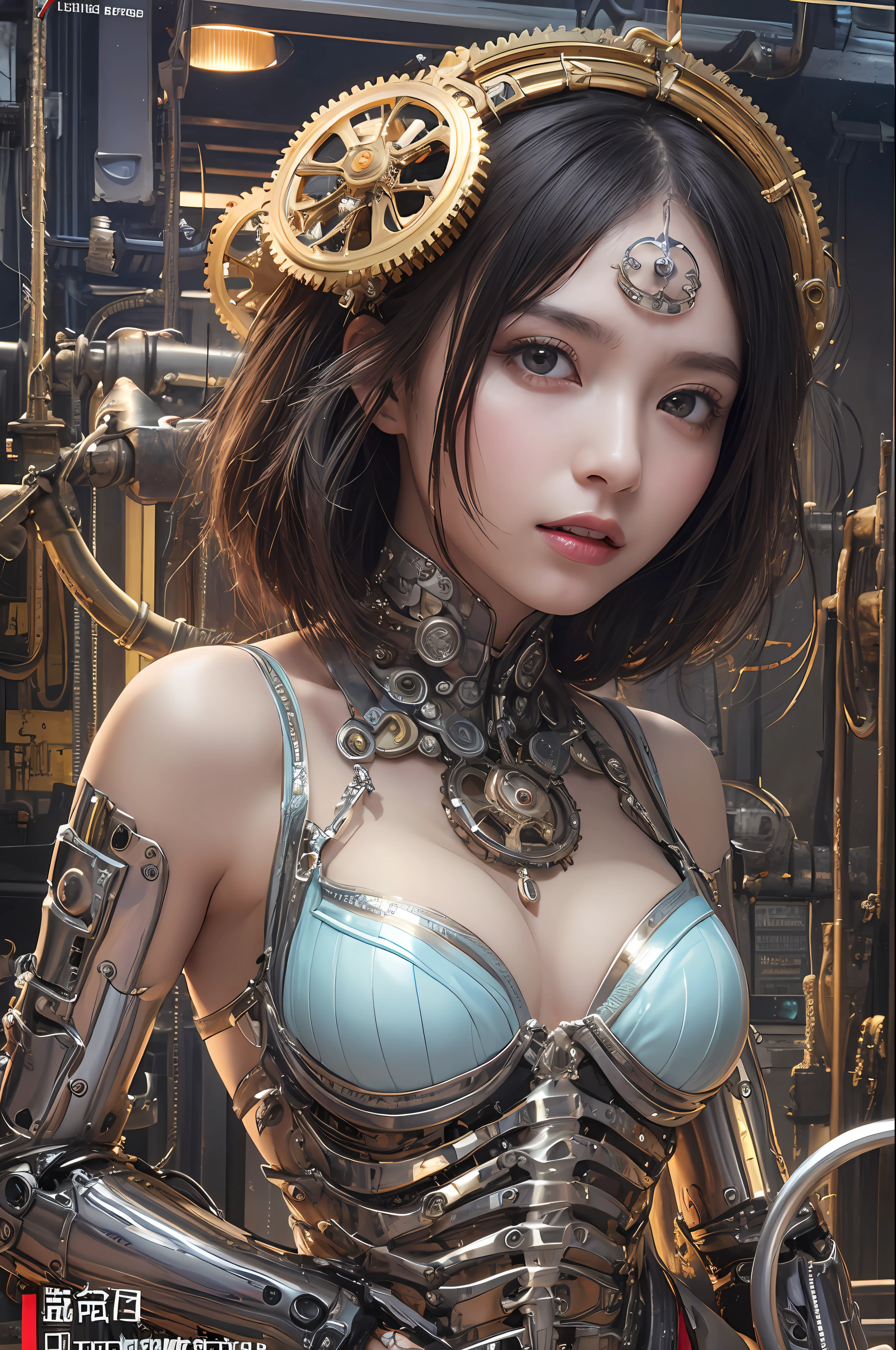 top-quality、​masterpiece、超A high resolution、(Photorealsitic:1.4)、Raw photo、女の子1人、Black hair、glowy skin、1 Mechanical Girl、((super realistic details))、White plastic body、portlate、globalillumination、Shadow、octan render、8K、ultrasharp、character edge light,Colossal tits、Raw skin is exposed in cleavage、Details of complex ornaments、Steampunk details、vacuum tubes、Nixie Kan、Oil pressure gauge、Glass Kan、Analog Meter、gear wheel、gear、Golden hydraulic cylinder、highly intricate detail、Realistic light、CGSoation Trends、a purple eye、radiant eyes、Facing the camera、neon details、Mechanical limbs、blood vessels connected to tubes、Mechanical vertebrae attached to the back、mechanical cervical attaching to neck、sitting on、Wires and cables connecting to the head、Gothloli details、Small LED lamp、