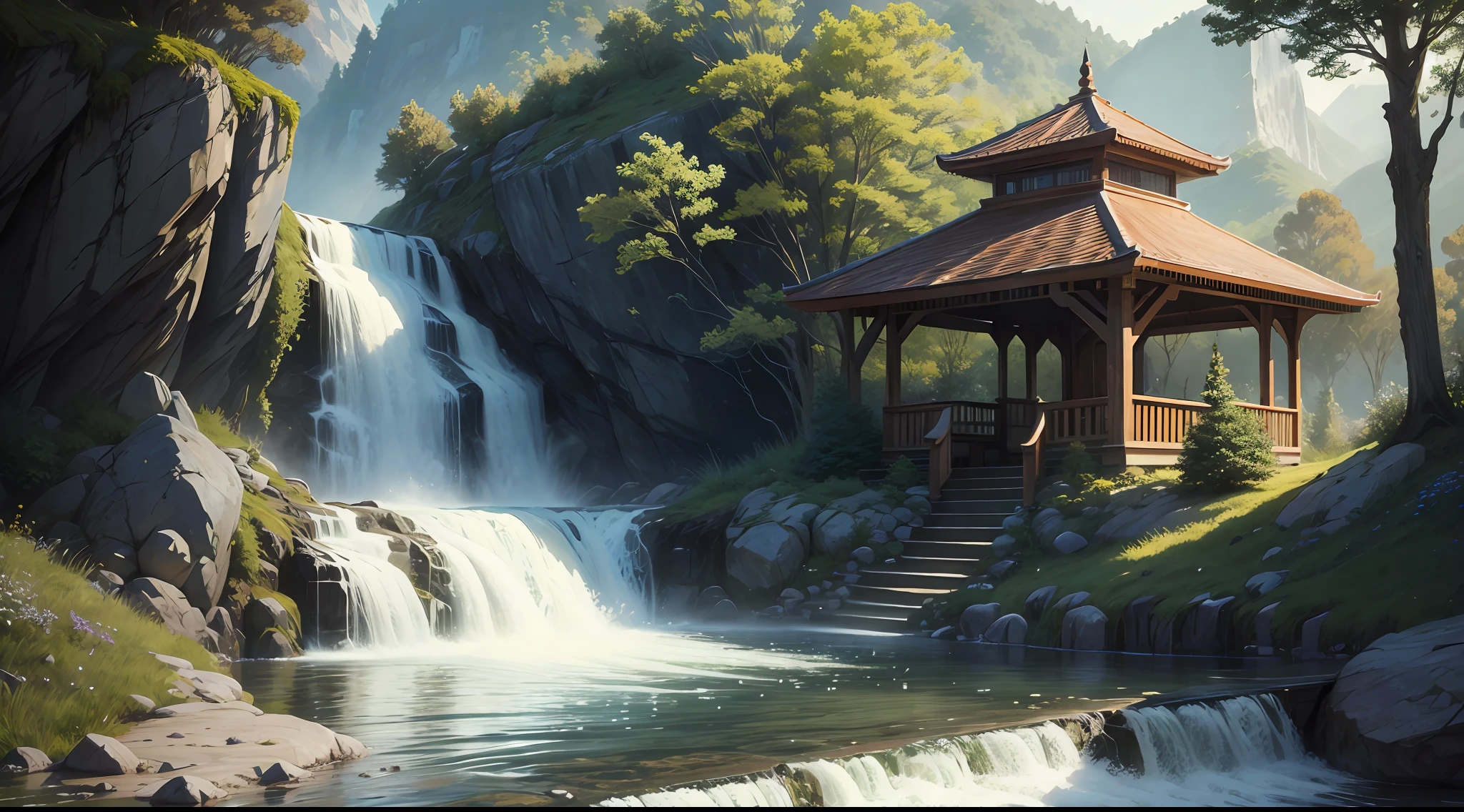 precipice，waterfallr，ultra-realistic realism，pavilion，1 woman， --auto