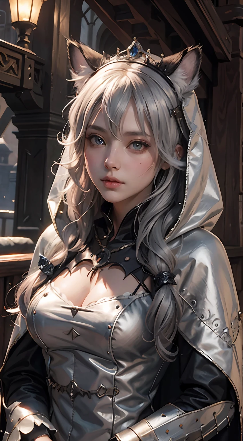 medieval times,steampunc,gear wheel,cat ear, Princess,tiara crown,dual horsetail, Silvery hair, kemonomimi mode, full blush, Hooded cape, High detail, Chiaroscuro, Verism, Ray tracing, High details, A high resolution