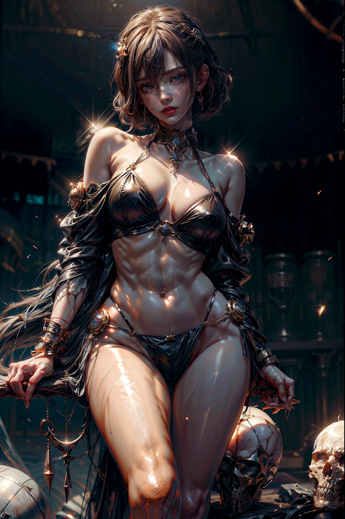 striated hair, asymmetrical bangs, crystal hair, Shiny hair, anchor choker, skull hair ornament, crystal earrings, red blush, cleavage of the breast, abdominals, thighs thighs thighs thighs, (Very shiny skin), (very juicy skin), Cinematic lighting, spark of light, reflective light, drop shadow, Best Quality, masutepiece, Anatomically correct, Textured skin, Super Detail, hight resolution, 8K