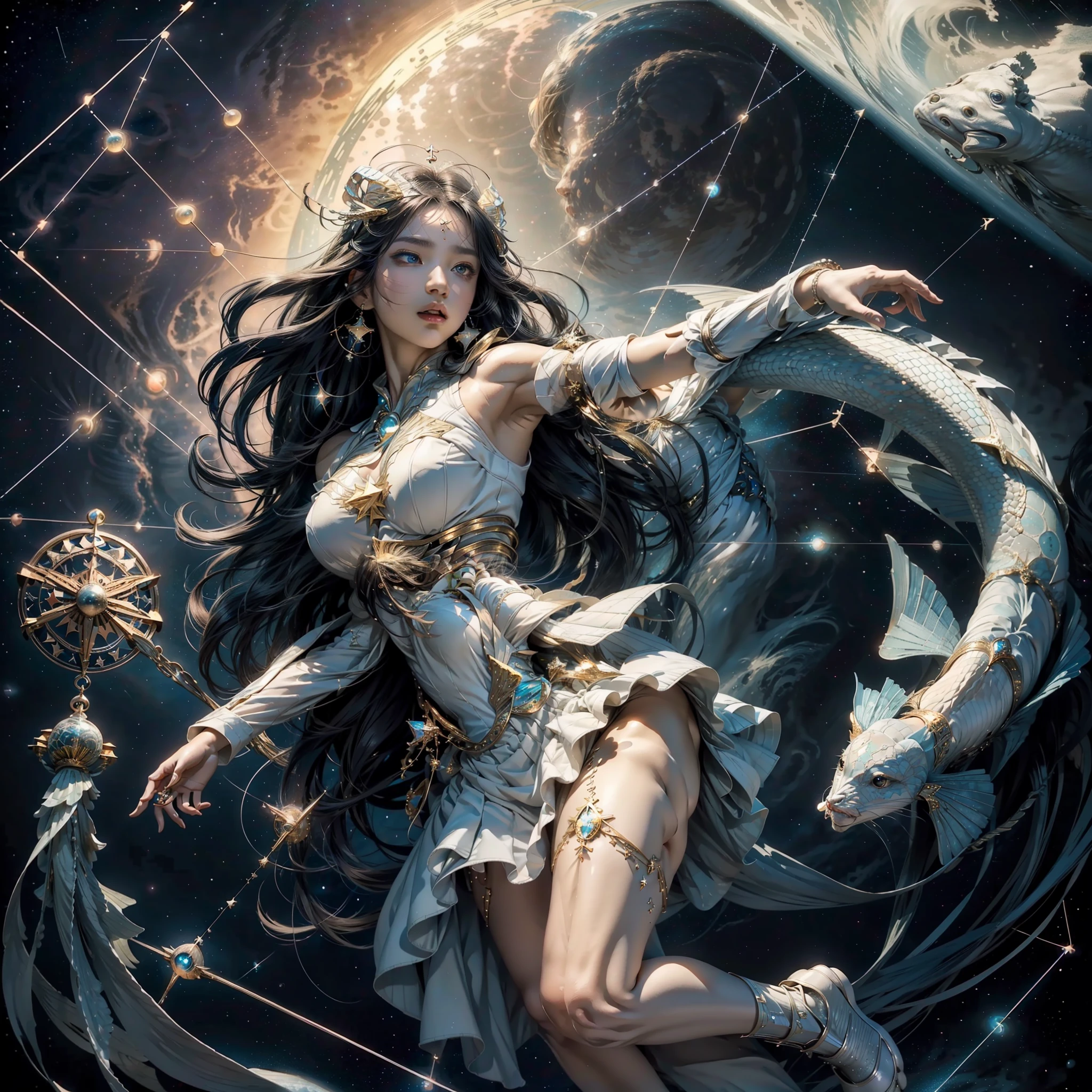 hyper HD, Masterpiece, Textured skin, Super detail, High details, High quality, Best quality, A high resolution, 8K, 16k,full body,1girl,(Pisces:1.3),beautidful eyes,middle breast,white skirt,(constellation background:1.4)