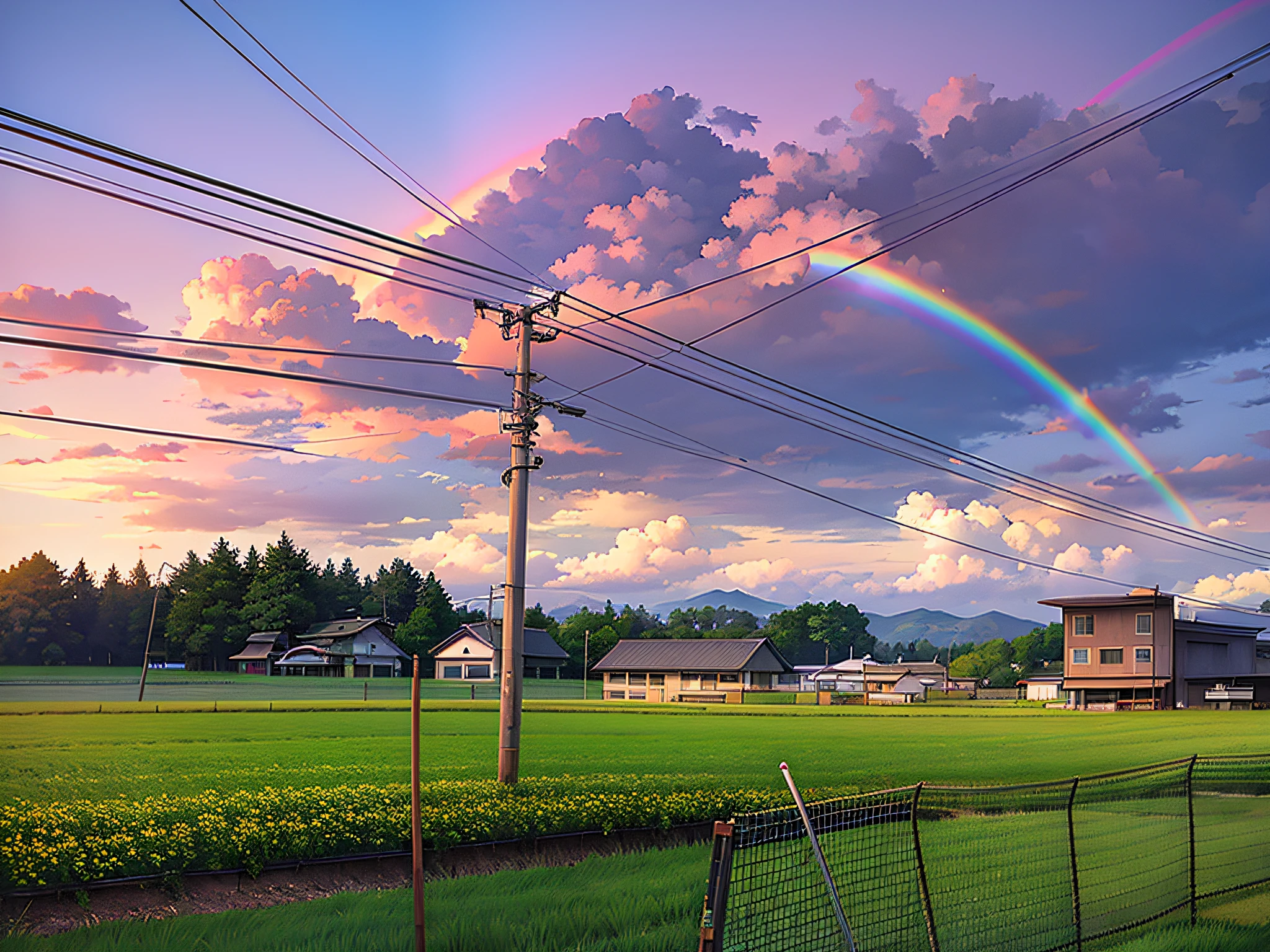 There is a rainbow in the sky over the meadow, countryside in japan, Japanese countryside, author:Masao Maeda, grey skies with two rainbows, rainbow in the sky, author:Tadashige Ono, rainbows in the background, Rainbow, The wires in the sky are replaced with neon light beams