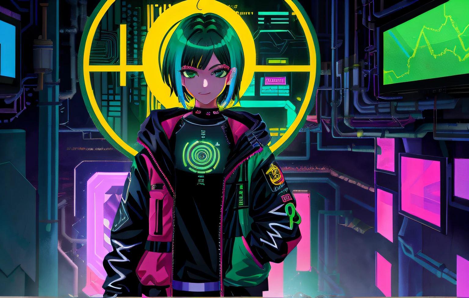fallo, Y2K, Fondo de pantalla de Cyberpunk, milf, green eyes, short hair, loco, multicolor, y2k outfit, tristeza y felicidad