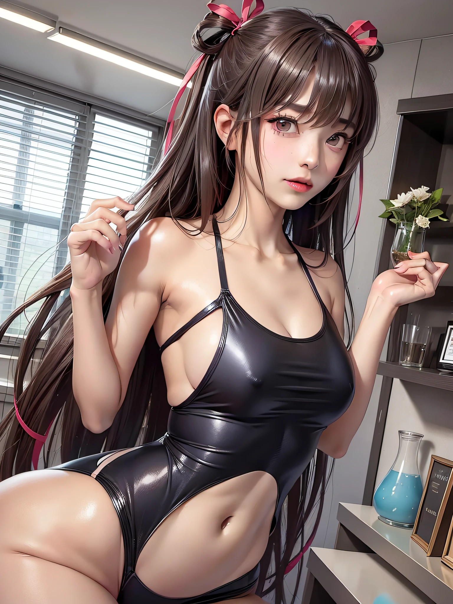 White theme、(top-quality、masterpiece:1.2)、1girl、Beautiful fece、cute little、Beautiful fece、styles、A sexy、elegent、enticing、A sexy、Beautiful and well-groomed face、beautidful eyes、beautiful hairl、slick skin、Beautiful mouth、smooth legs、Smooth hands、Slender and balanced body、Fashionable with a change of clothes、Mizuki Yukikaze、Hair Ribbon、one-piece tan、Competitive swimsuit
