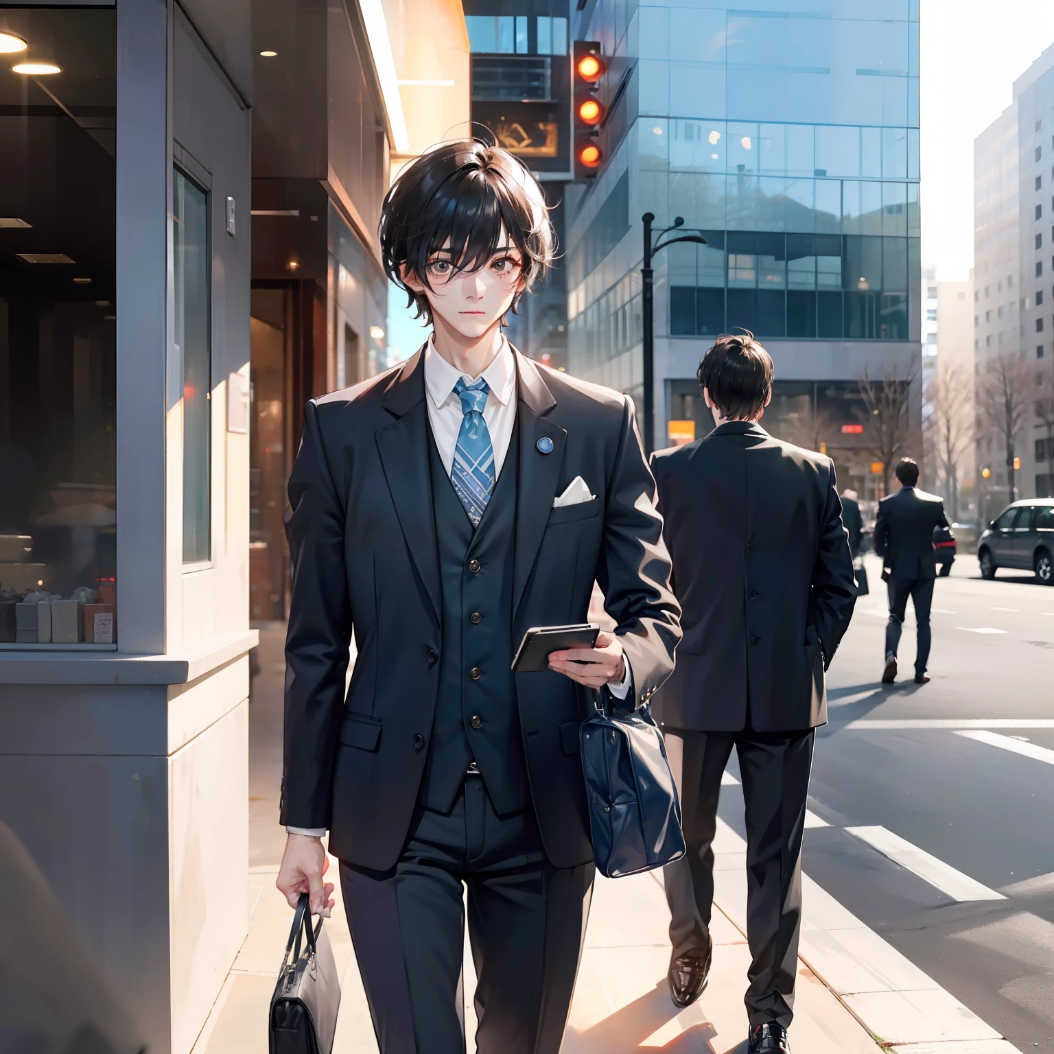 A boy，50yearsold，Three and seven points of short black hair，Brown eyes，dressed in a suit，Walk the street，Sigh and look at the phone