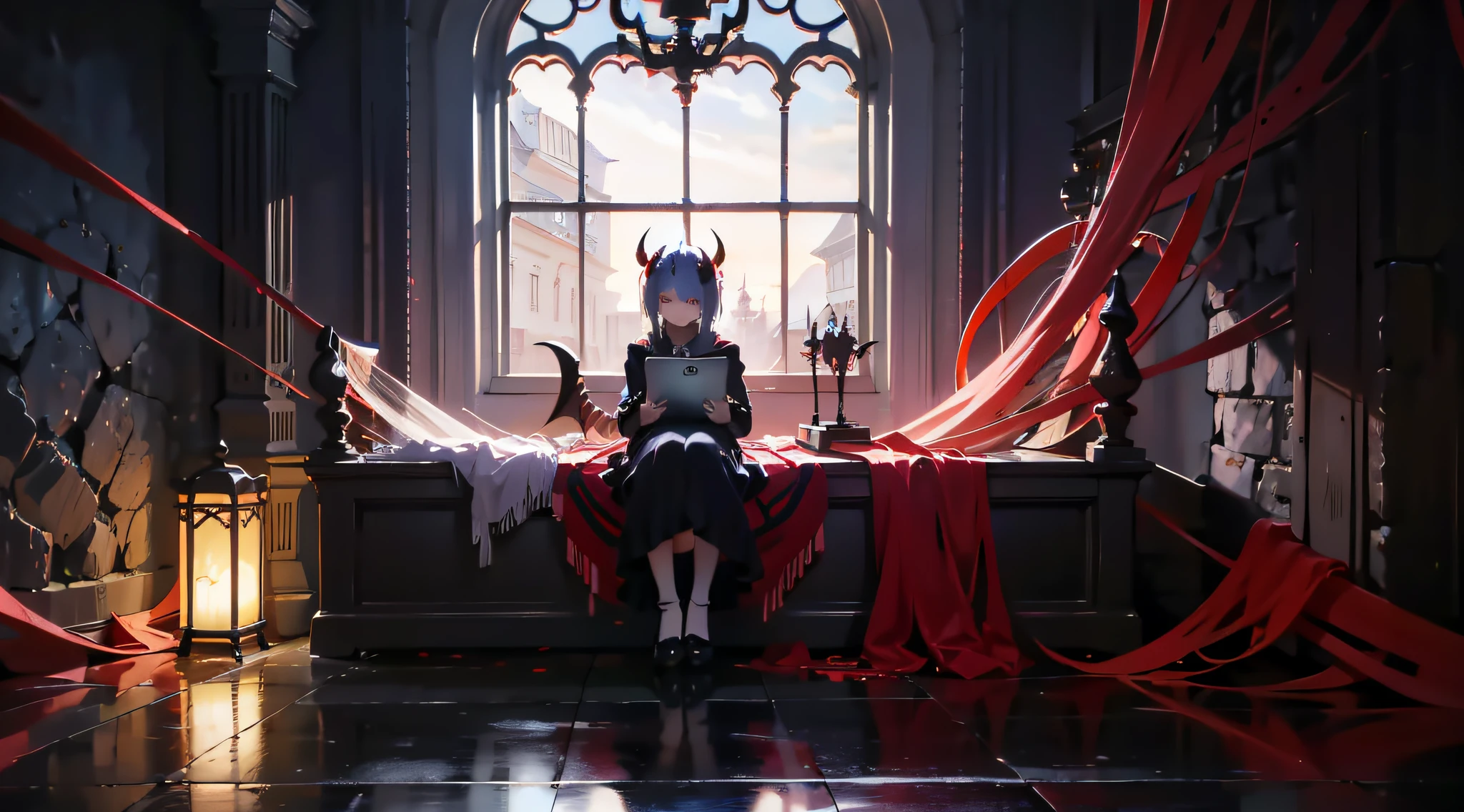 Anime girl playing computer in gloomy hell,Look with lonely eyes,There were countless pairs of demon eyes in hell looking at her,There were bloody corpses all around, The demon's hands stretched out from the blood-colored lake