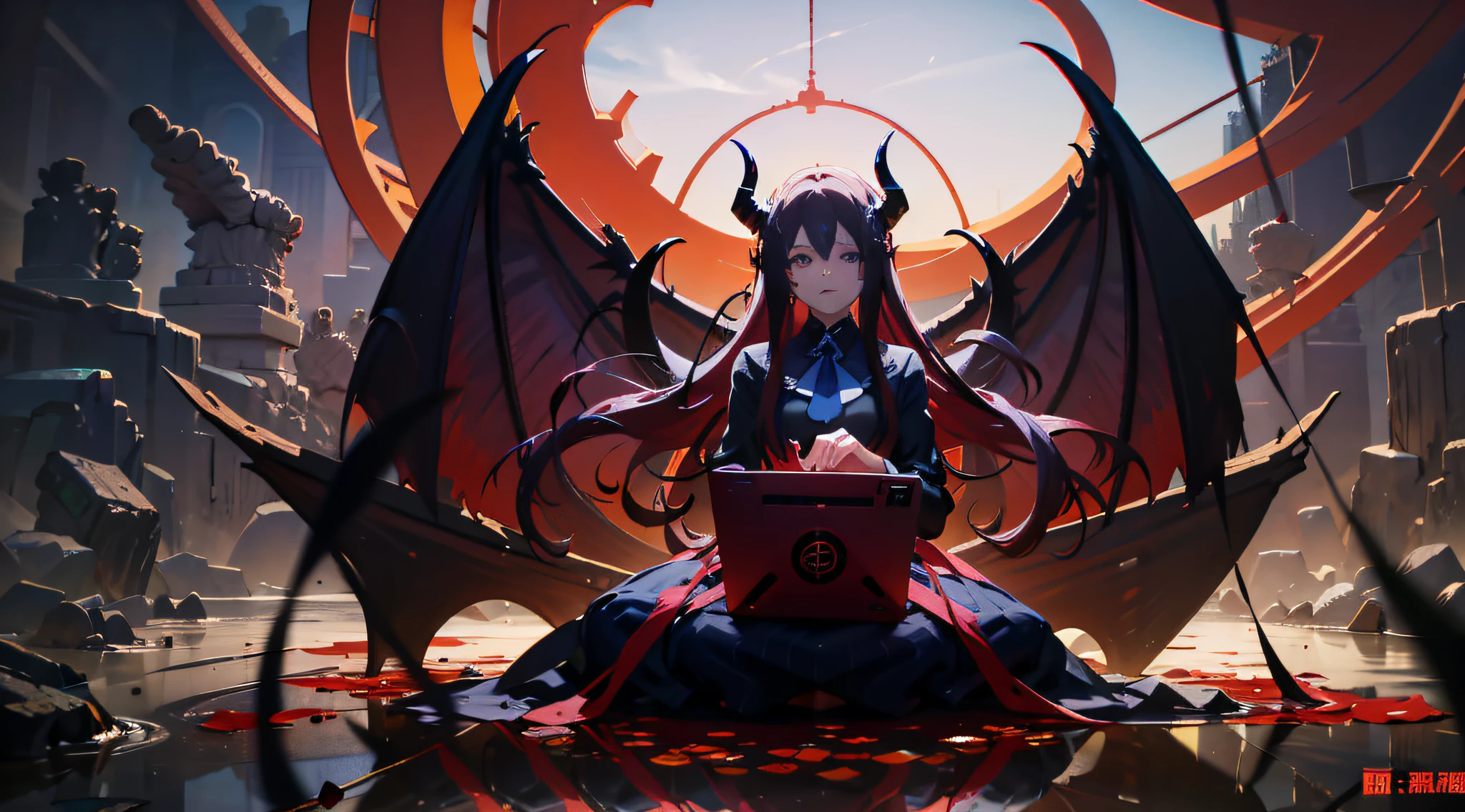 Anime girl playing computer in gloomy hell,Look with lonely eyes,There were countless pairs of demon eyes in hell looking at her,There were bloody corpses all around, The demon's hands stretched out from the blood-colored lake