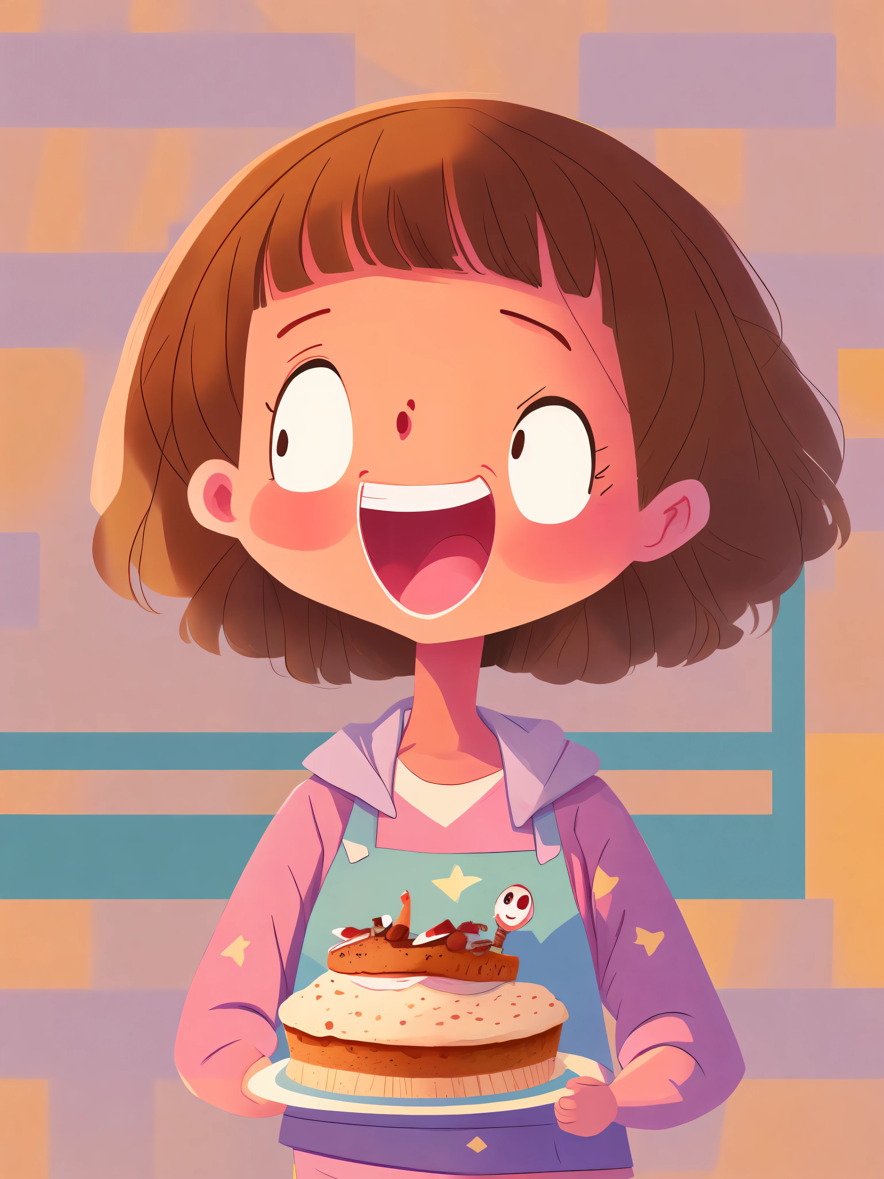 A cartoon girl holding a cake laughed