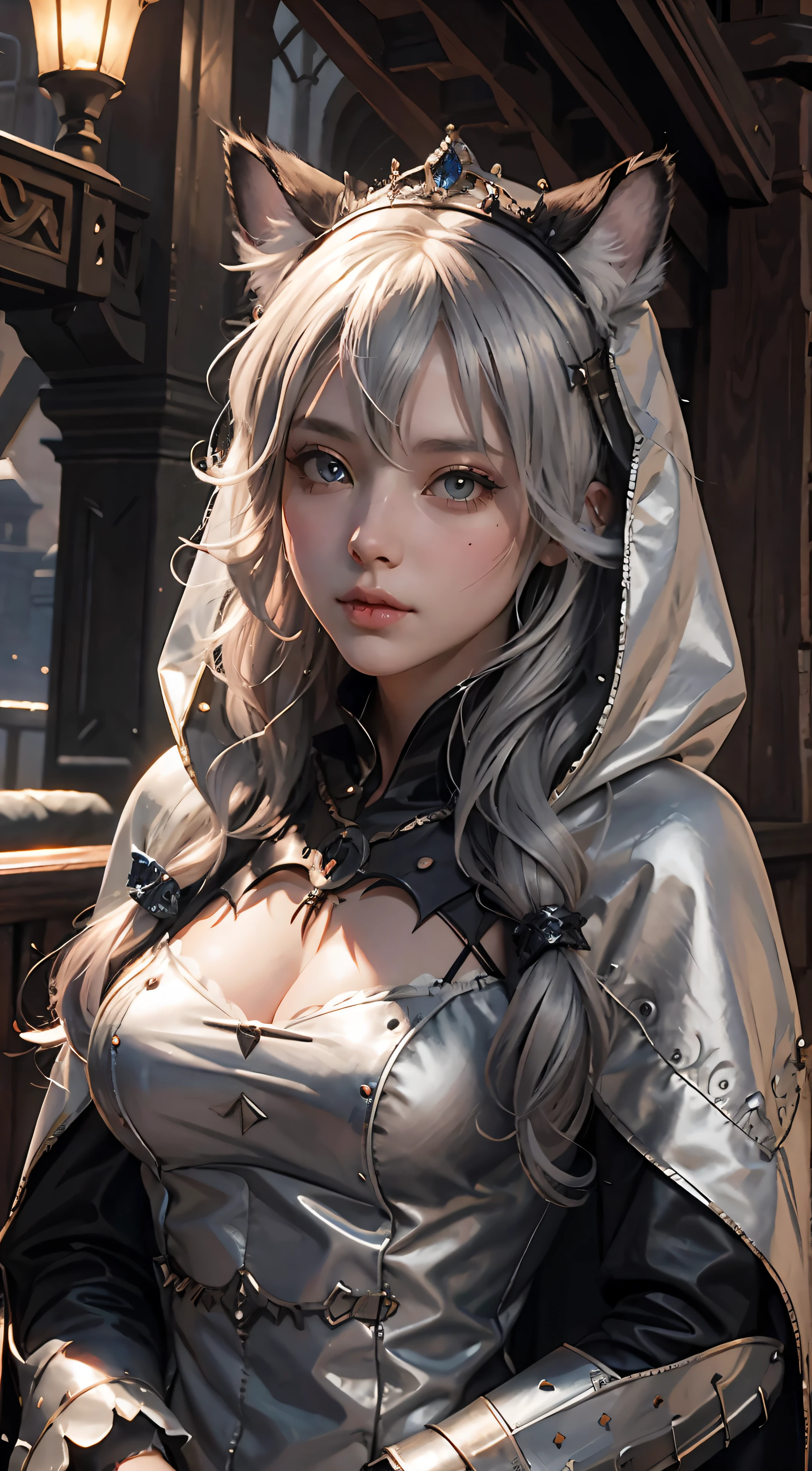 medieval times,steampunc,gear wheel,cat ear, Princess,tiara crown,dual horsetail, Silvery hair, kemonomimi mode, full blush, Hooded cape, High detail, Chiaroscuro, Verism, Ray tracing, High details, A high resolution