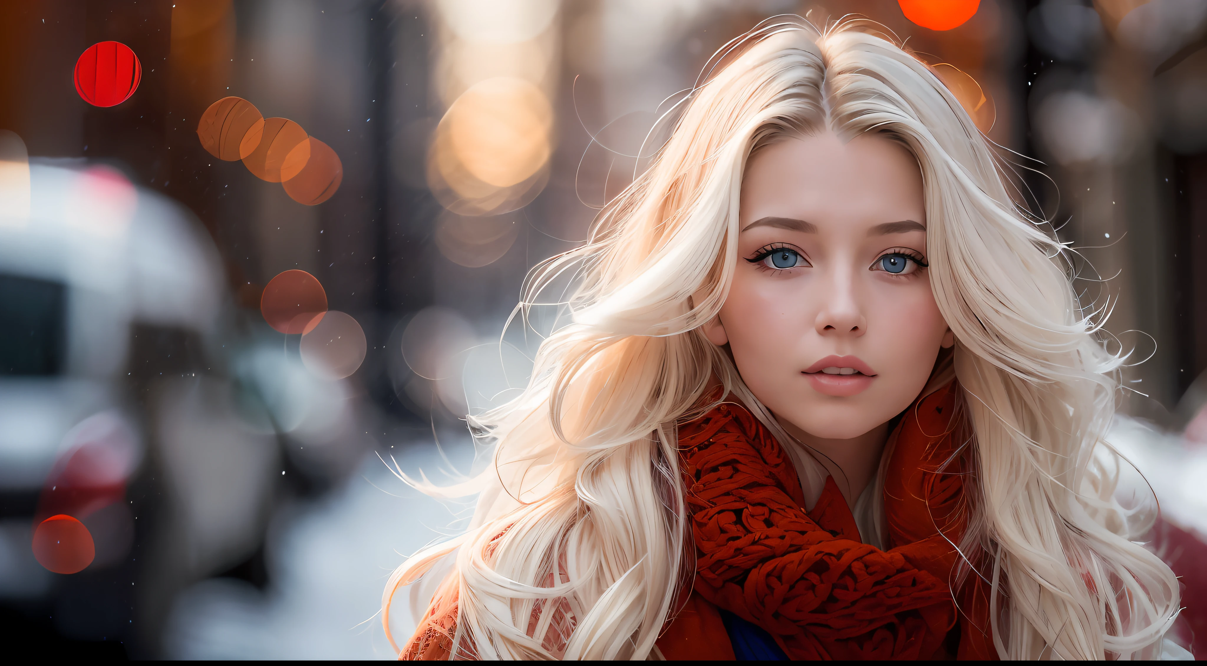 backlighting professional portrait photograph of a gorgeous Norwegian girl in winter clothing with long wavy white hair, sultry flirty look, (freckles:0.5), gorgeous symmetrical face, cute natural makeup, wearing elegant red winter fashion clothing, standing outside in snowy city street