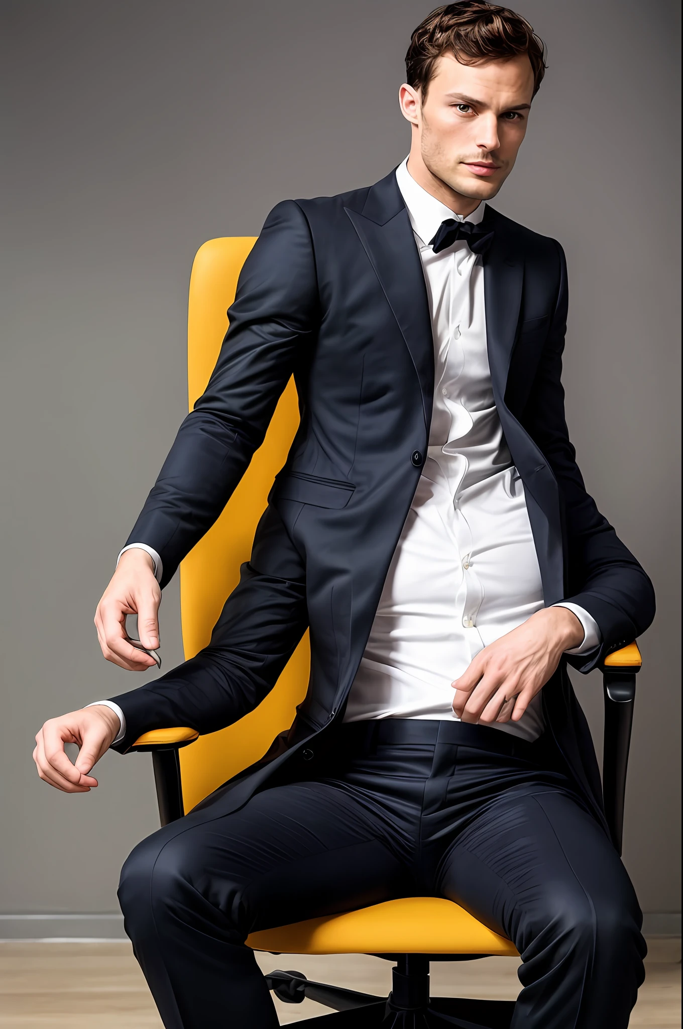 ((half body)) RAW Photo Ceo man sitting in an office chair, wearing black suit, (Using dark and attractive beard) movie scene, (Impeccable) ,Serious and elegant man, Actor Jamie Dornan, with thick male eyebrows, secret agent 007 man style, (with mysterious and serious face,) short dark hair, dark black background image,elegant and elegant, Man similar to actor Jamie Dornan, ( high quality and realistic image), ((Best Quality, 8k, Masterpiece). He’s being