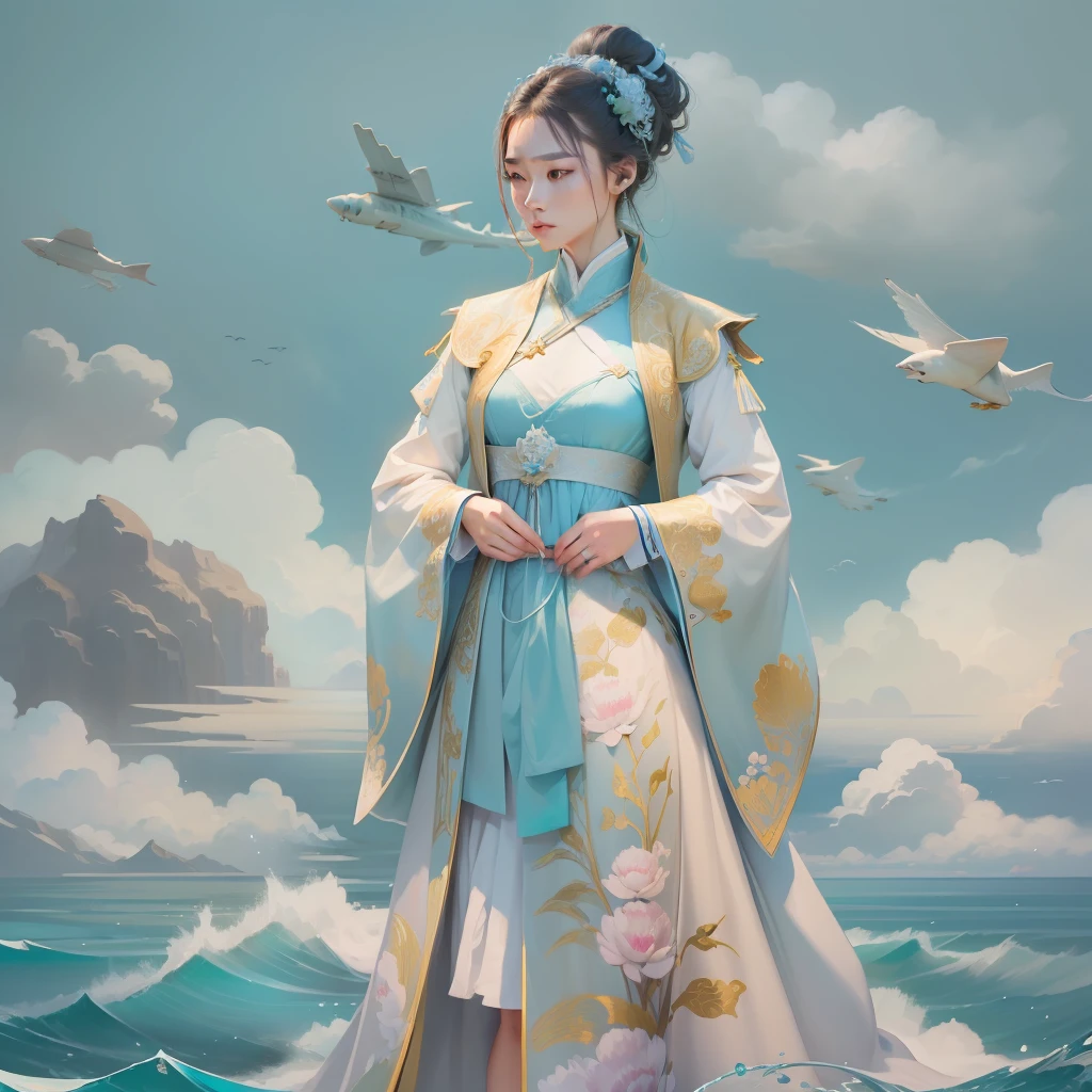 A young woman wearing Han clothes,Pale green dress,The cuffs are embroidered with light blue peonies,The silver thread outlined several auspicious clouds,The hem is densely packed with a row of blue sea water clouds,On the chest is a wide pale yellow brocade wrapped around the chest